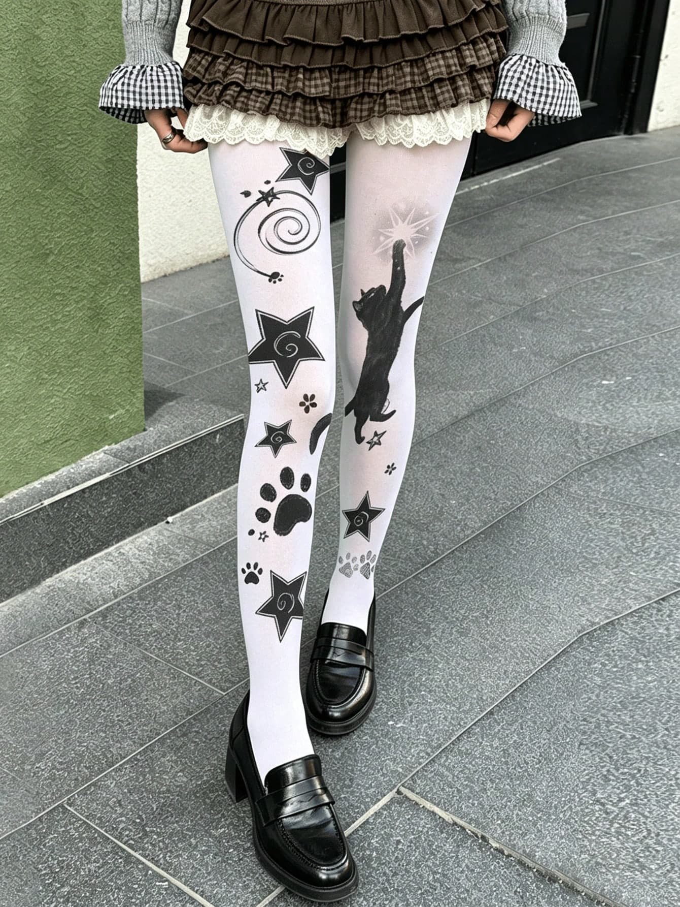 1pc Y2K Millennium Style Niche Personalized Star-Picking Cat Print Tights, Subculture JK Outfit Socks, White