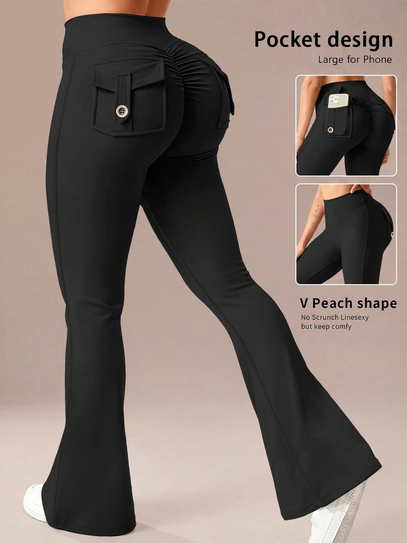 6pecil Women's Outdoor Pocket Flare Leggings, Women's Tight Sports Yoga Pants, Casual Multi-Function Solid Color Slim Fit Work Pants, Butt-Lifting Pants, Women's Classic Casual Sports Pants