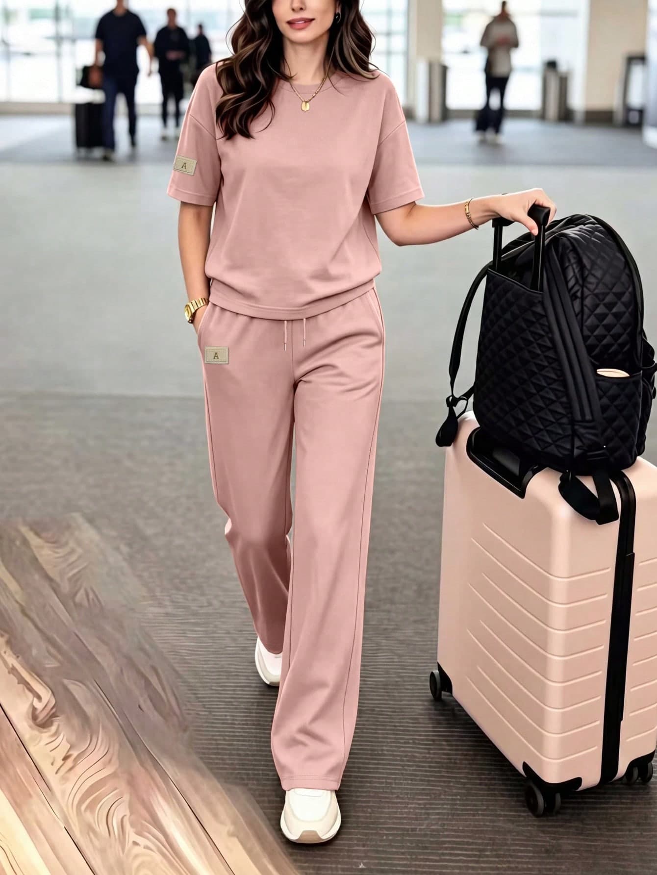 Women's Casual 2 Pieces Set, Round Neck T-Shirt Paired With Long Slightly Elastic Pants, Comfortable Loungewear Set With Pockets Summer