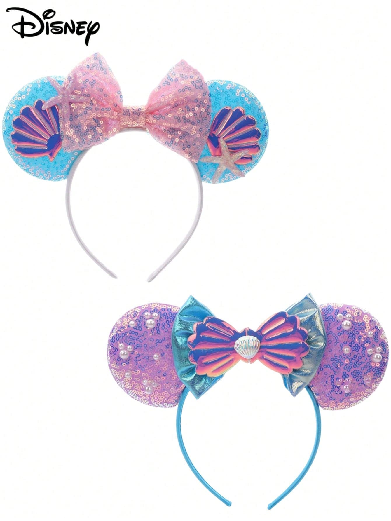 1pc Disney Cartoon Sequin Blue + Shell + Pink Bow Headband, Amusement Park Theme Series Mickey Minnie Ear Sequin Headpiece For Stage Performance Costume, Holiday Party Birthday Theme Mickey Hair Accessory Headband, Suitable For Festival Party