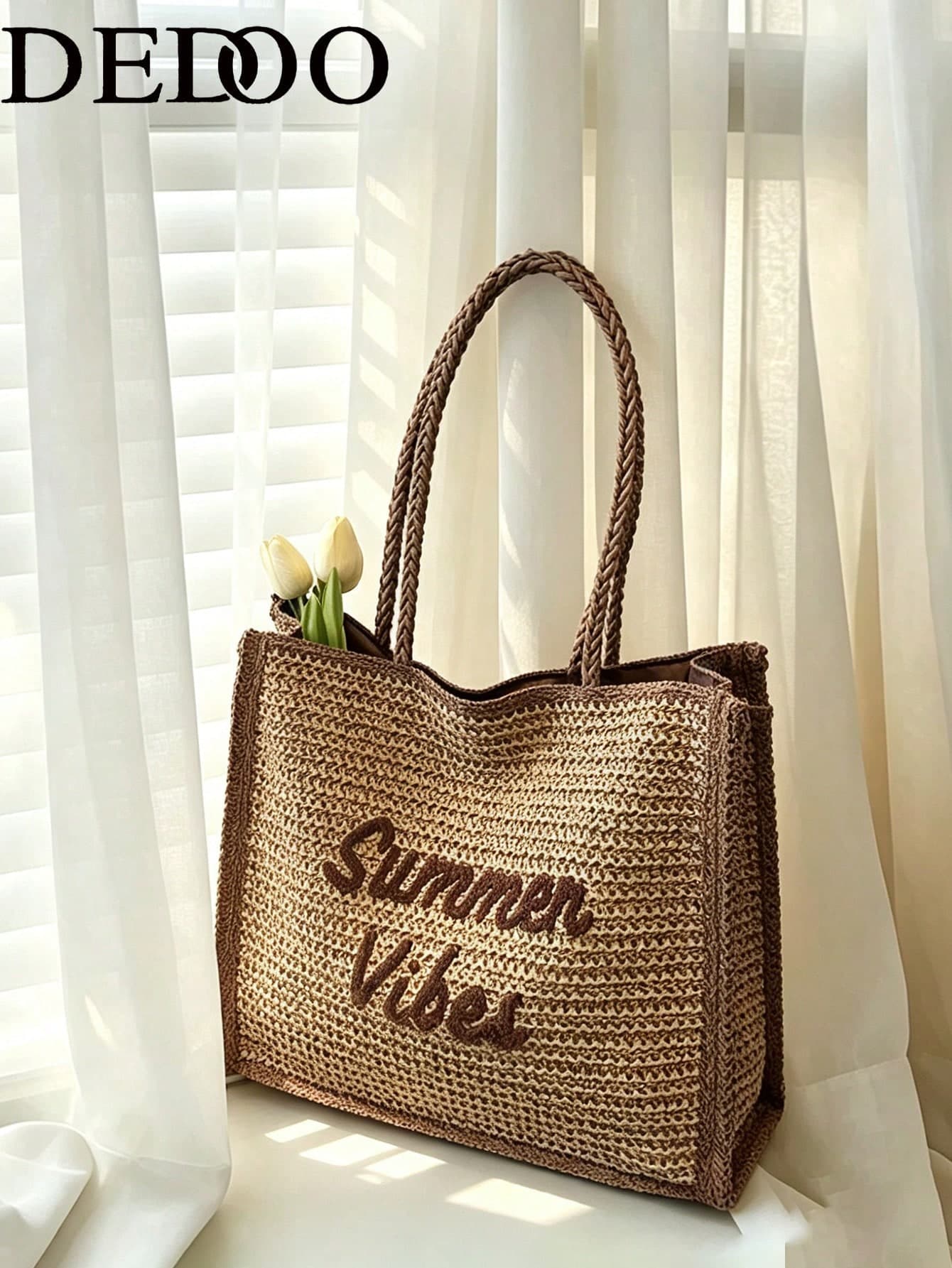 Dedoo New Letter Embroidered Woven Bag, Beach Vacation Fashion Women's Bag, Shoulder Tote Commuter Bag