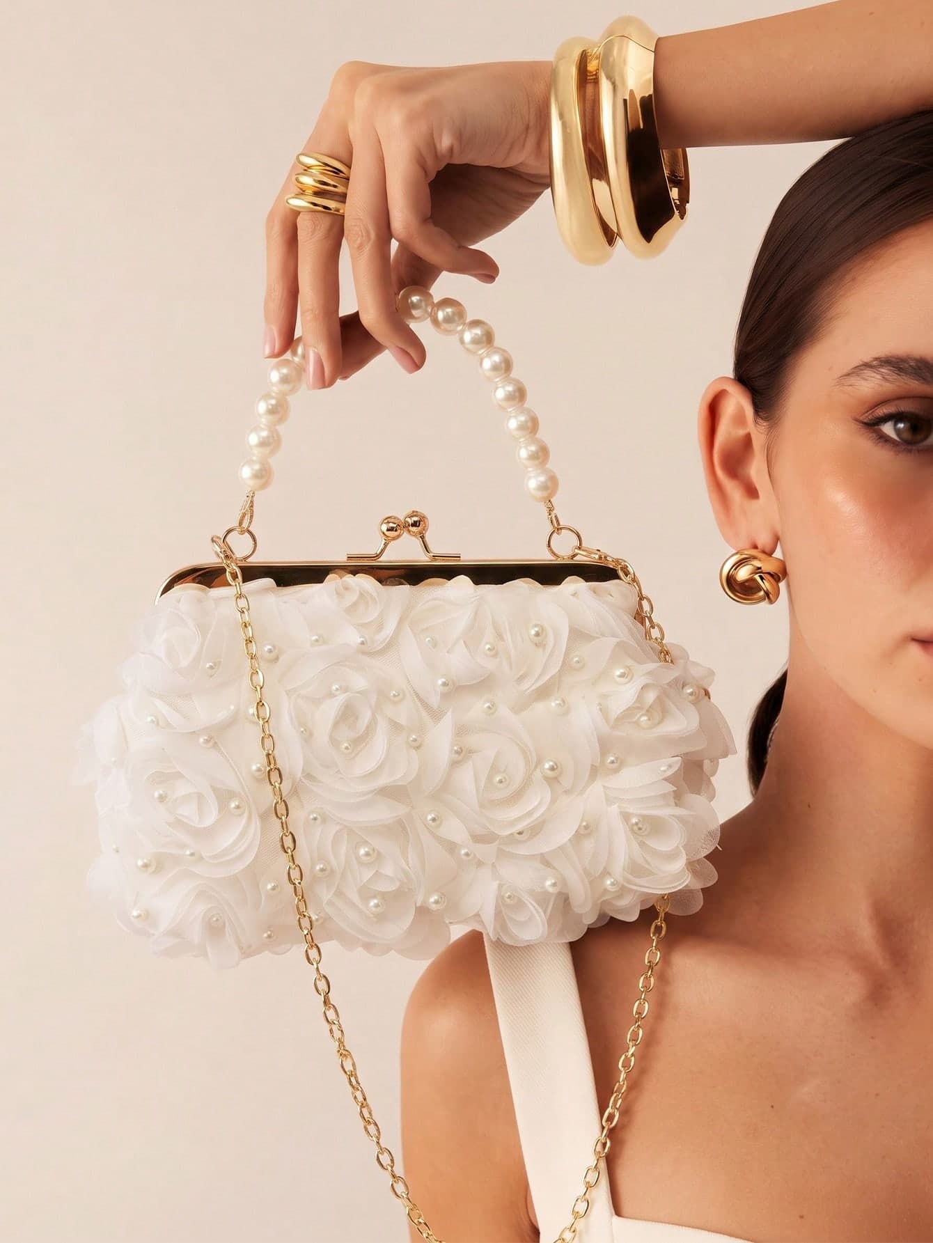 Glamine White Romantic Spring/Summer Faux Pearl Net Yarn Flower Clip Faux Pearls Handbag Ladies High-End Luxurious Dress Evening Bag