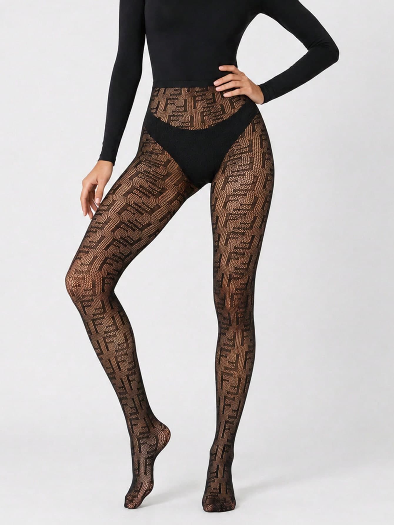 1 Pair All-Letter FF Print Fishnet Tights, Black High Waist Sheer Mesh Pantyhose, Luxury Y2K Elegant Streetwear Daily Party Women's Socks