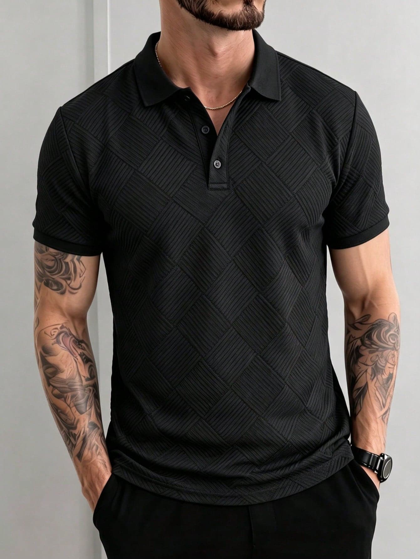 Men's Summer Jacquard Pattern Lapel Short Sleeve Shirt, Suitable For Business Commute And Casual Wear