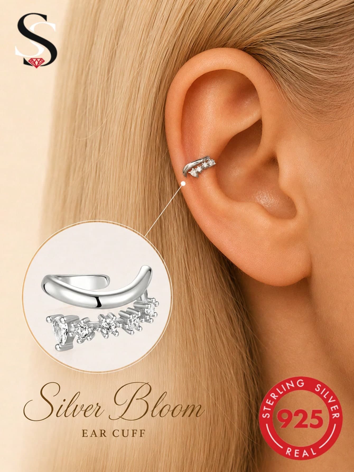 1pc 925 Sterling Silver Teardrop & Round CZ Ear Cuff, No Piercing Required, Hypoallergenic & Anti-Oxidation, Stackable Ear Cuff For Cartilage & Helix, Elegant Daily Wear, Suitable For Islamic Festivals, Weddings, Parties & Vacations, Ideal Birthday & Wedding Gift For Her