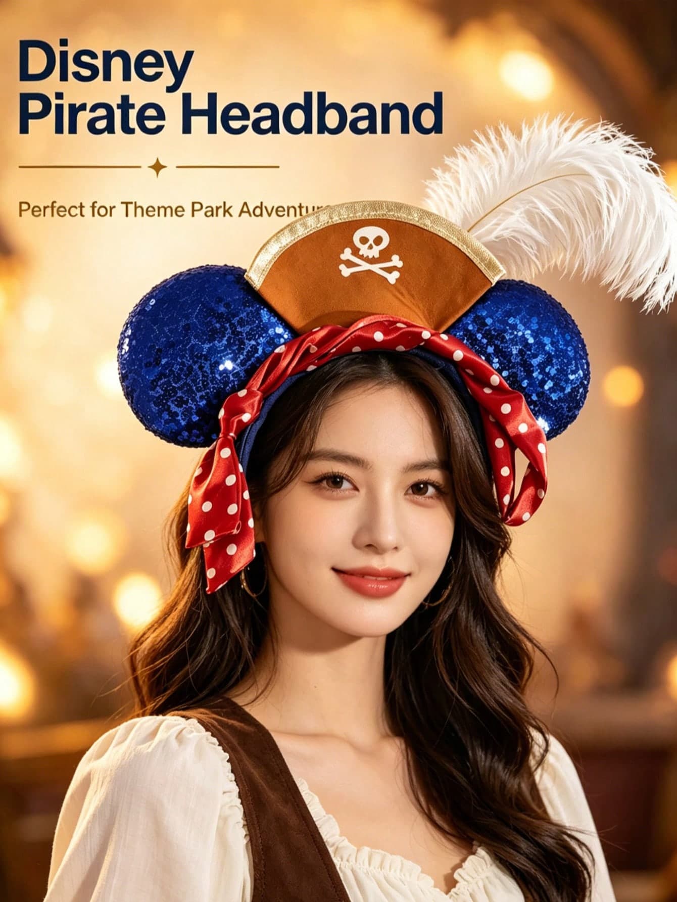 Disney Pirate Mickey Ear Accessories, Blue Sequin Skull Hat With White Feather & Polka Dot Scarf, Halloween Cosplay Party Costume Hair Accessories