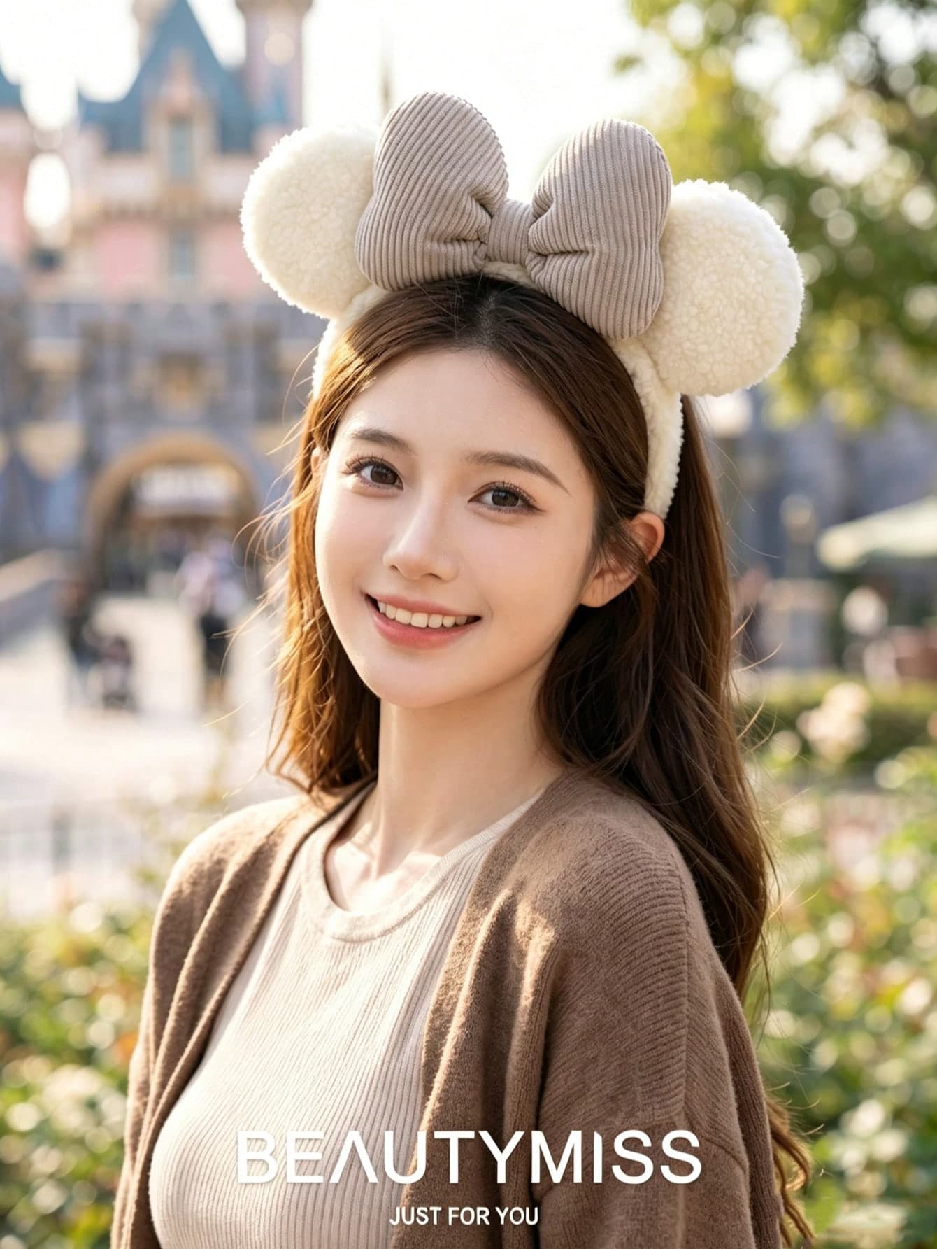 Cute Brown Lamb Fleece Bear Ear Headband With Thin Striped Bow, Soft Plush Hair Accessory For Disney Park Halloween Cosplay Party And Daily Wear