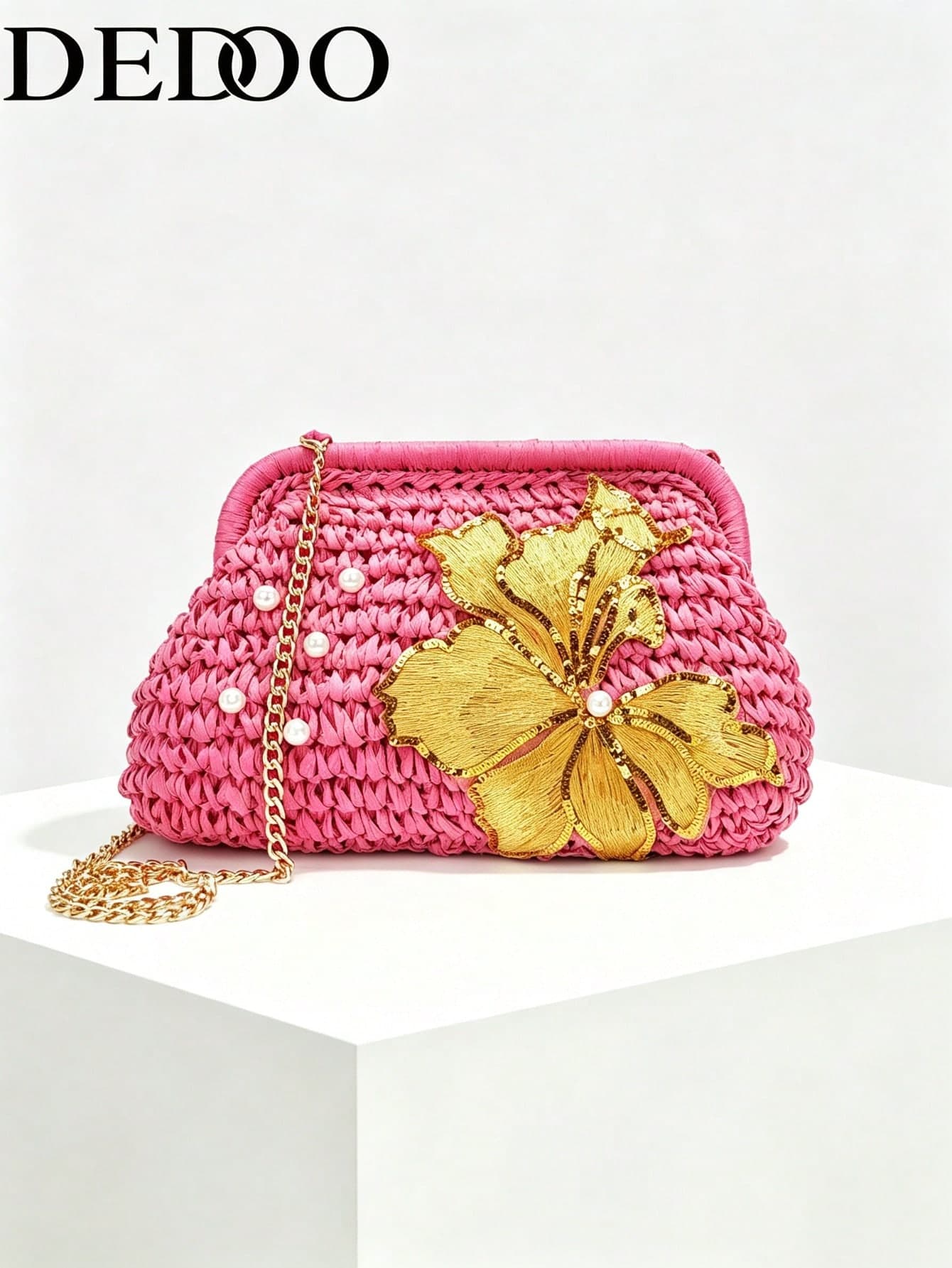 Dedoo Women Raffia Clutch Bag, Summer Floral Sequin Embroidery Pearl Decor , Chain Crossbody Shoulder, Beach Vacation Evening Wedding Party Straw Handbag
