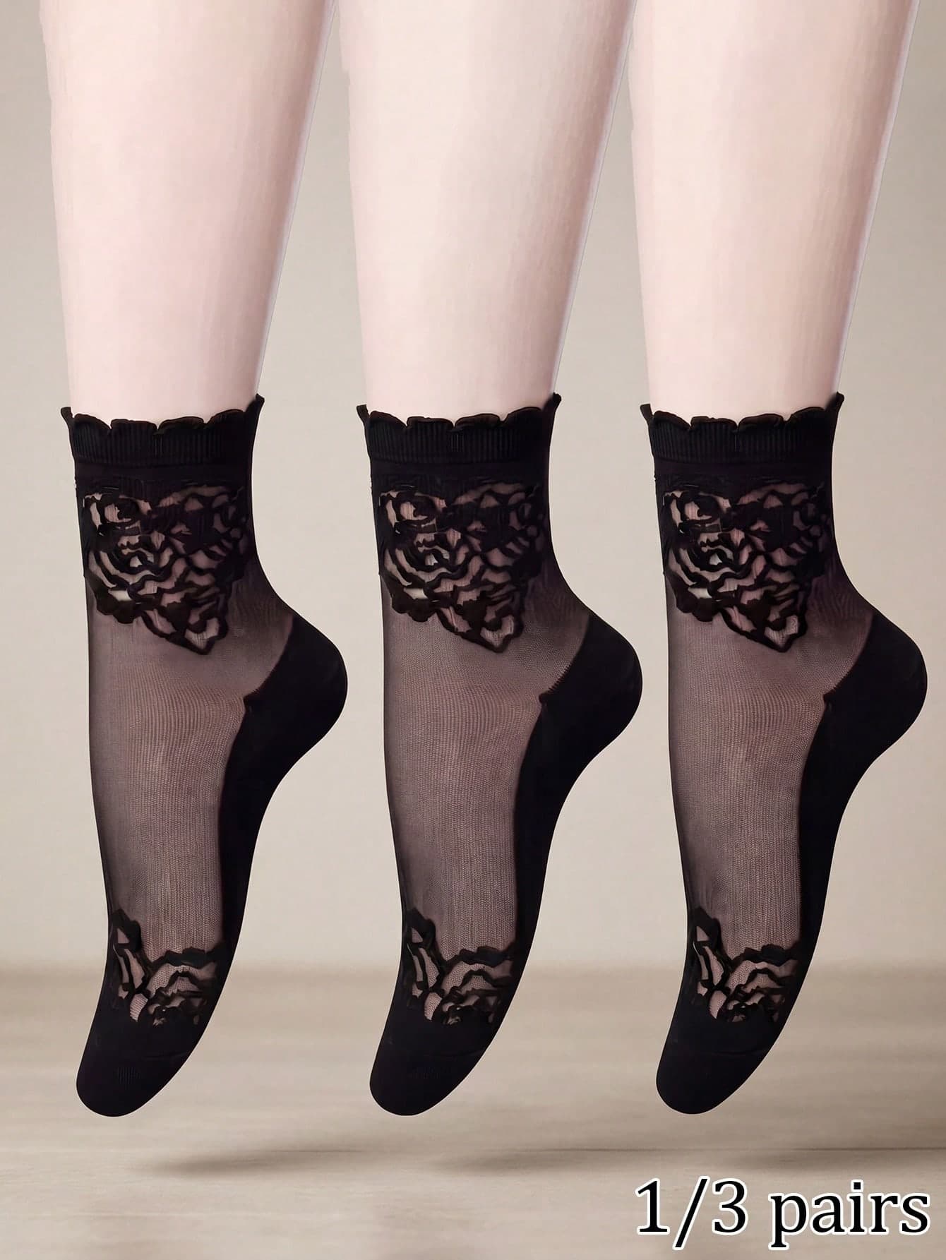 1/3 Pairs Women's Black Rose Lace Patchwork Mid-Calf Socks, Mesh Breathable Sheer Sexy Style Invisible Socks, Mesh Sheer, Sexy Style Short Socks Suitable For Matching With Shoes, Comfortable Sexy Style Socks Suitable For Multiple Occasions, Cool Feeling; Sun Protection Tights, Comfortable Fabric, Lace