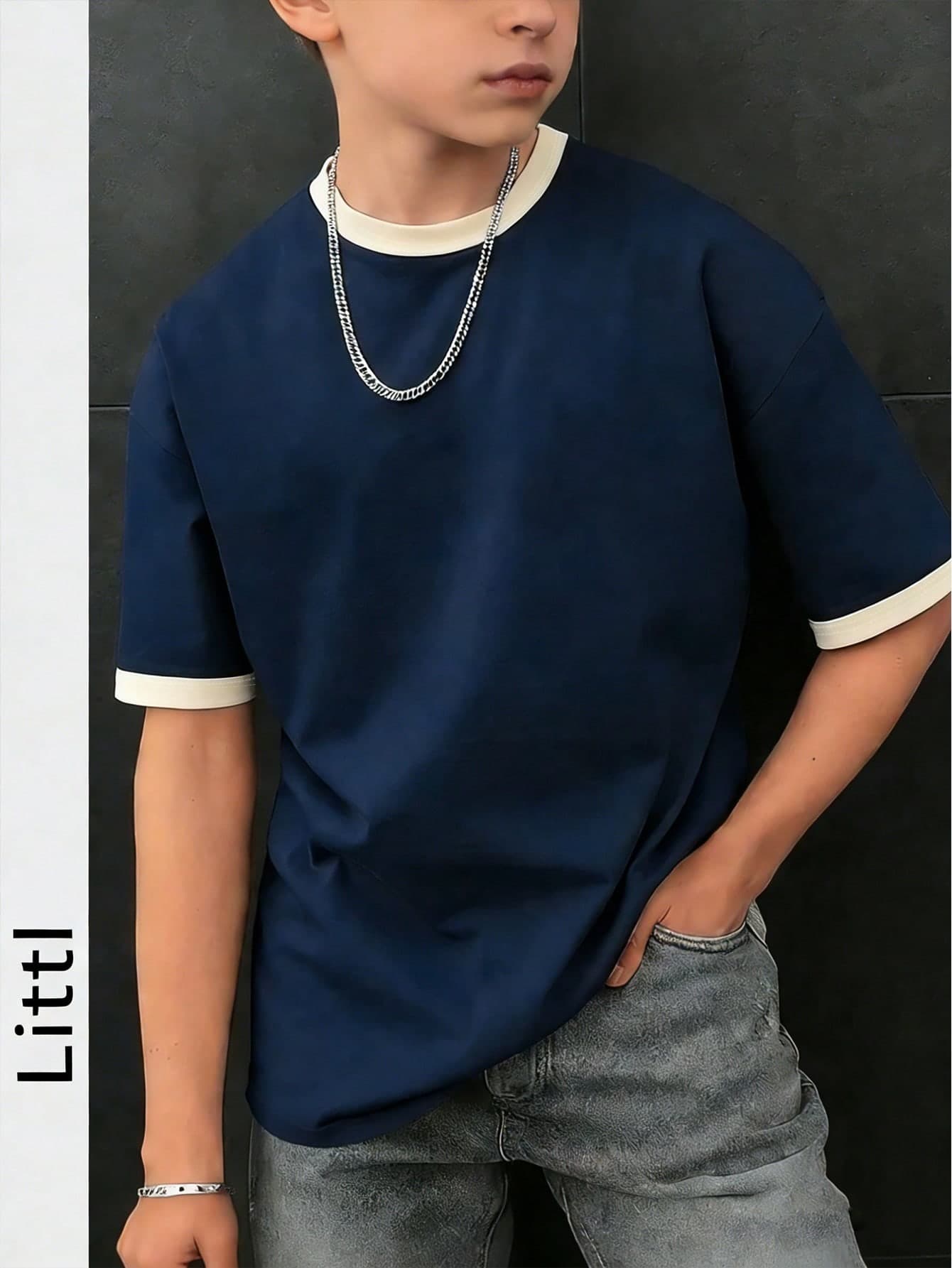 Boys' Contrast Color Trim Loose Short Sleeve T-Shirt, Casual Streetwear Style, Summer