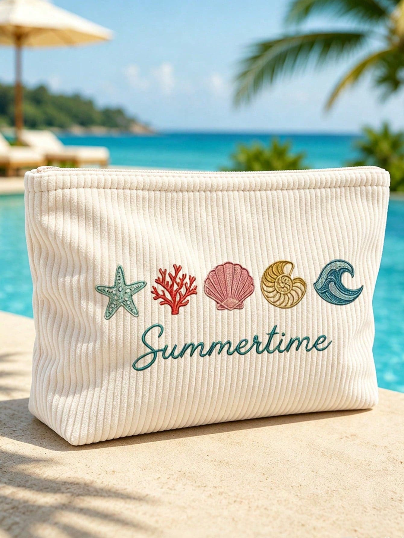 New Summer Time Pattern Corduroy Makeup Bag | Shell Print Cosmetic Storage Bag | Summer Print Travel Organizer Bag | Travel Essential | Poolside Companion | Toiletry Bag | Pool Storage Bag | Mother's Day Gift | Teacher's Day Gift | Suitable For Mom, Teacher, Friend And Nurse | Summer Beach Bag | Home Essential | Easy To Clean Design | Portable Makeup Box