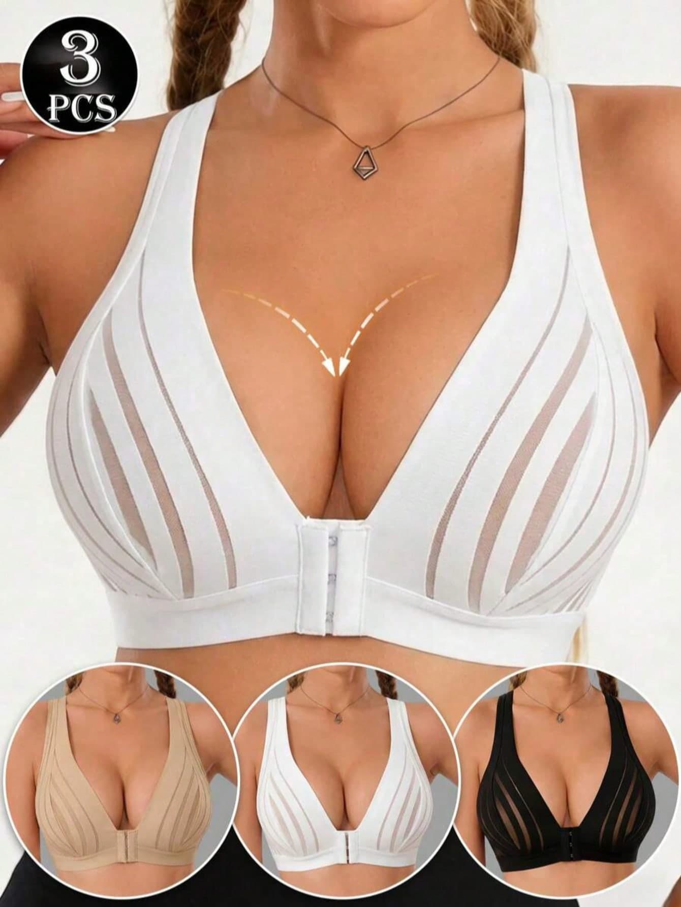 3pcs/Set Striped Mesh Front Closure Wireless Bra, Deep V Wide Strap Comfortable Push-Up Soft Breathable Everyday Lingerie Set