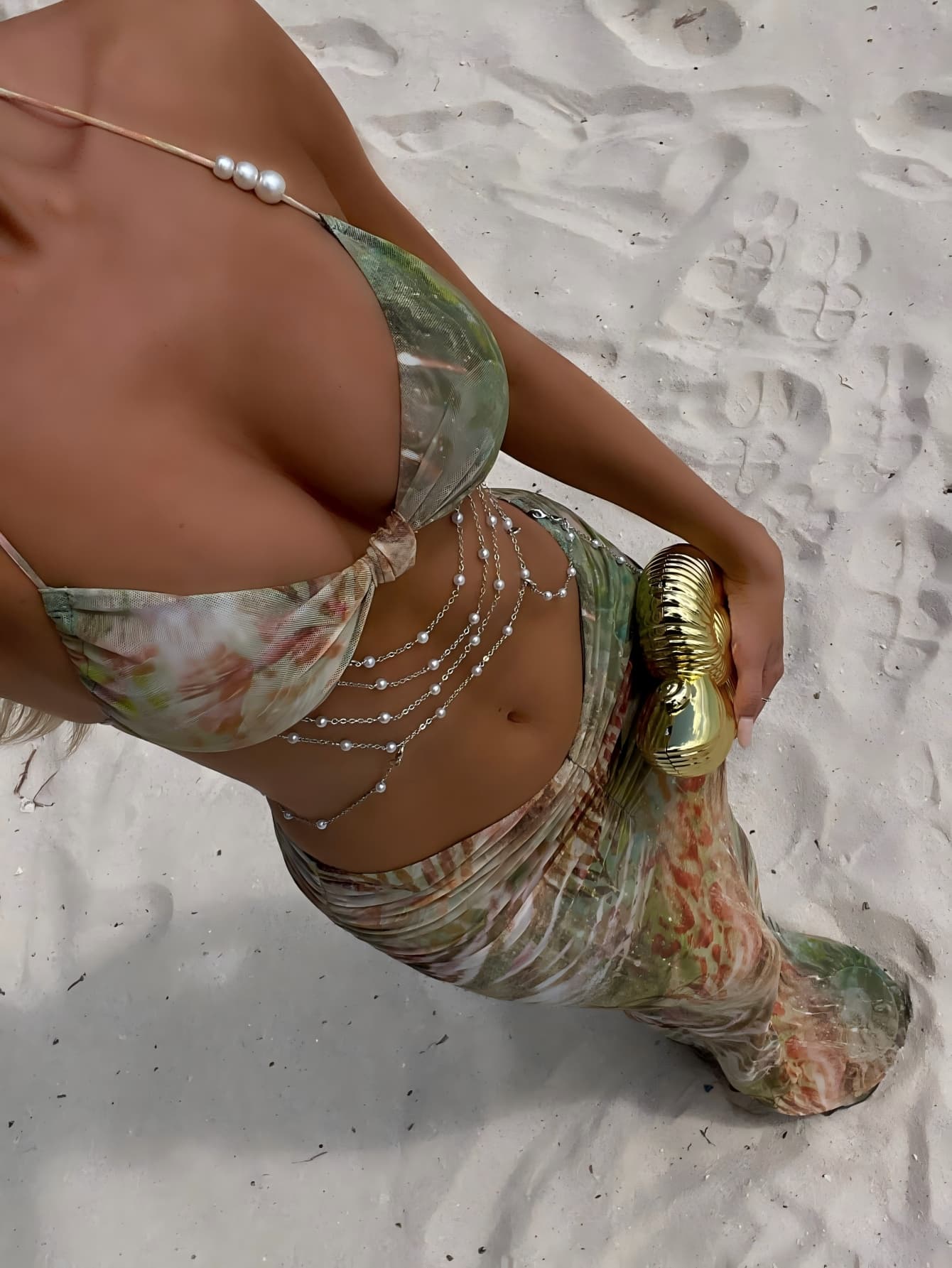 3pcs/Set Women's Sexy Floral Print Bikini With Backless Faux Pearl Knot Criss-Cross Swimsuit And Mesh Skirt, Summer Vacation Beach