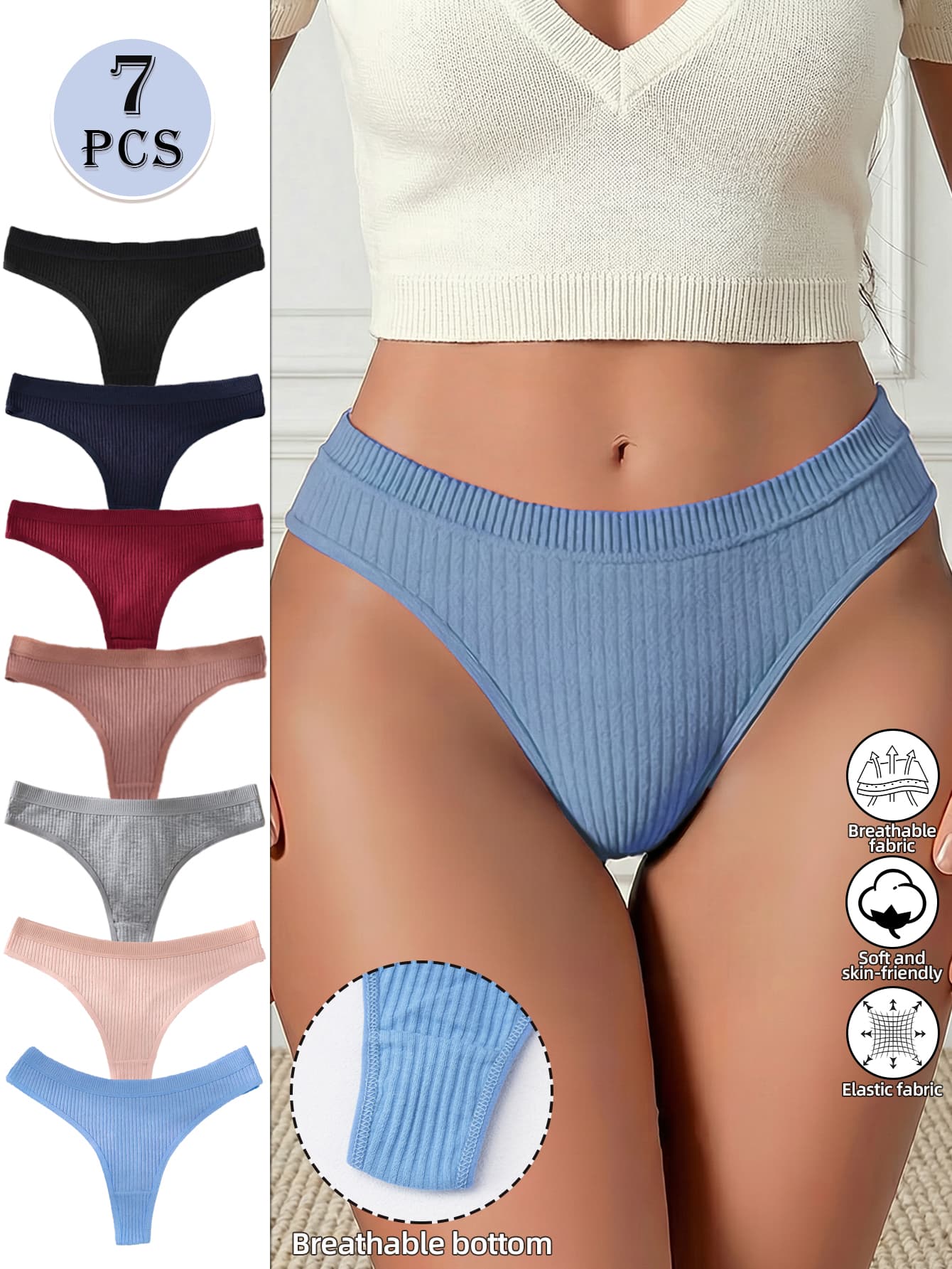 7pcs/Set Seamless Low Waist Sexy Ribbed Panties, Comfortable Breathable Yoga Sports Briefs & Thongs For Women