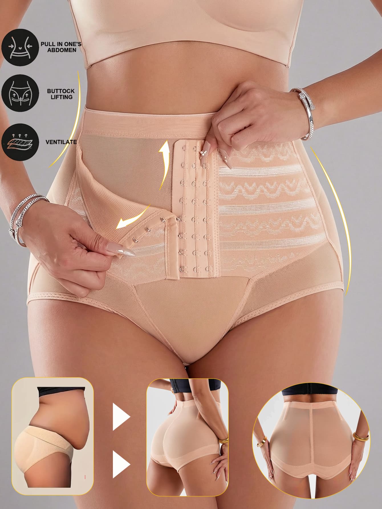Women's High Waisted Shaping Briefs Front Hook Closure Striped Mesh Butt Lifting Tummy Control Compression Underwear Shapewear Comfortable Daily Wear