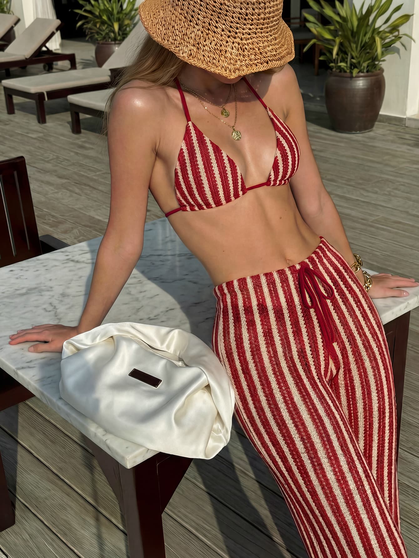 Elegant Women's Striped Knit Bikini Swimwear Set Featuring Halter Neck Top And Matching Wide-Leg Pants, Perfect For Beach Holidays Vacation Red