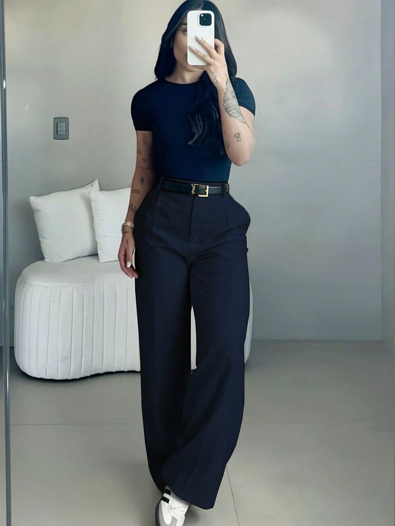 Women's High-Waisted Slim Fit Wide Leg Pants In Navy Blue | Bohemian Street Style | Suitable For Spring/Summer Casual, Work Commute And Vacation (Belt Not Included)