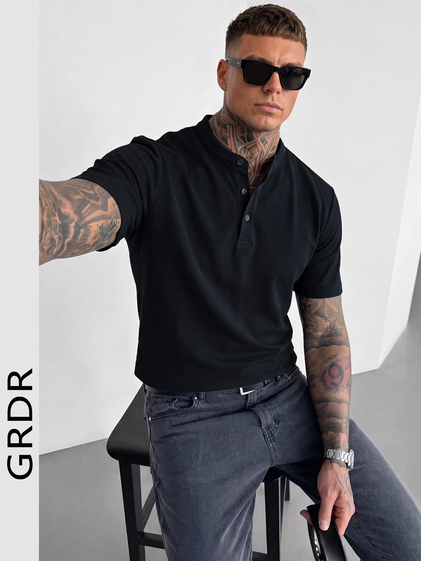 GRDR Stand Collar Button Polo Shirt, Men's New Casual Short Sleeve Top For Summer