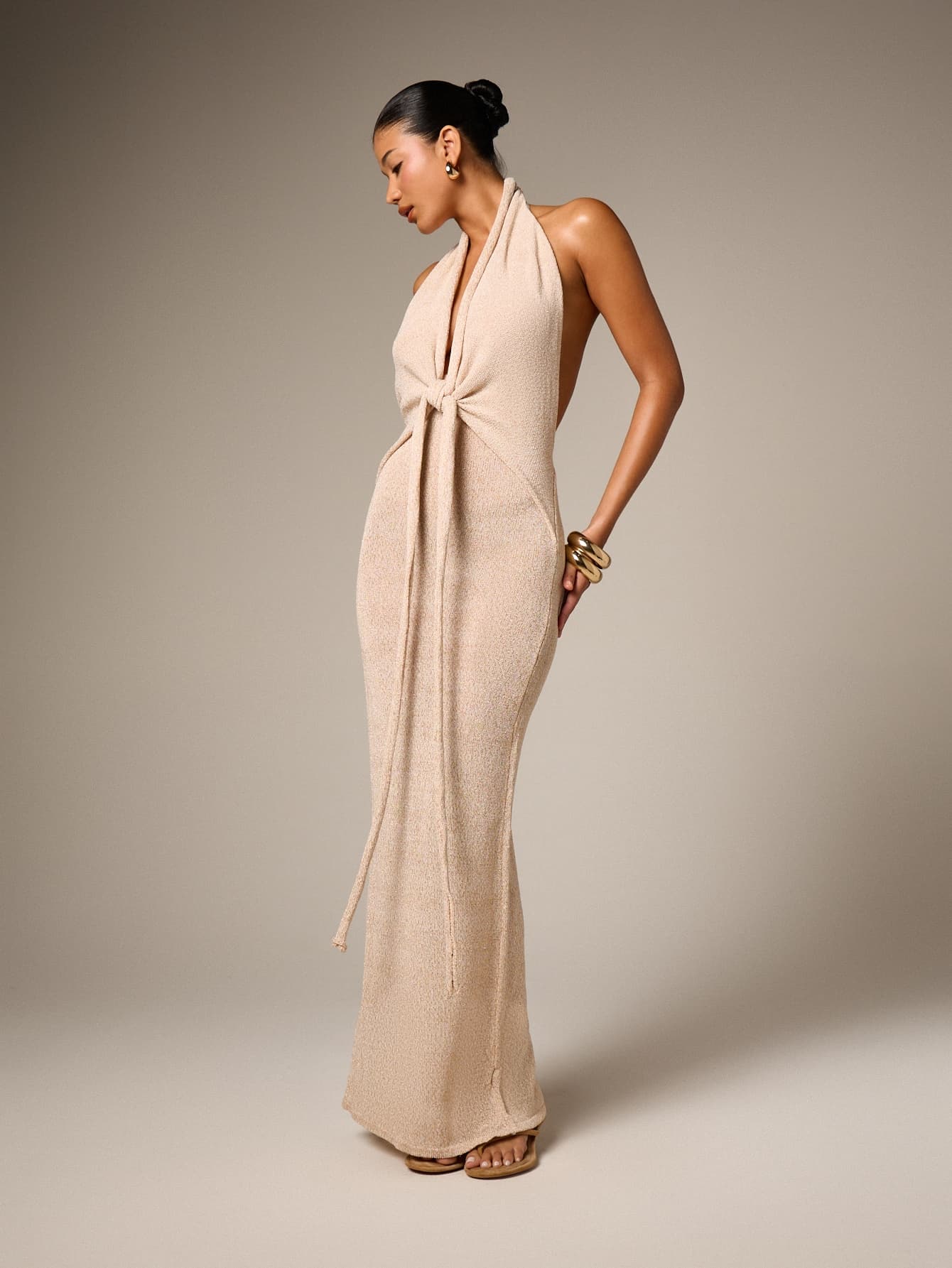 AiiRZ Women Halter Neck Tie Front Crochet Maxi Dress Long Sleeveless Deep V Neckline Backless Evening Party Beige Textured Knit Summer Spring