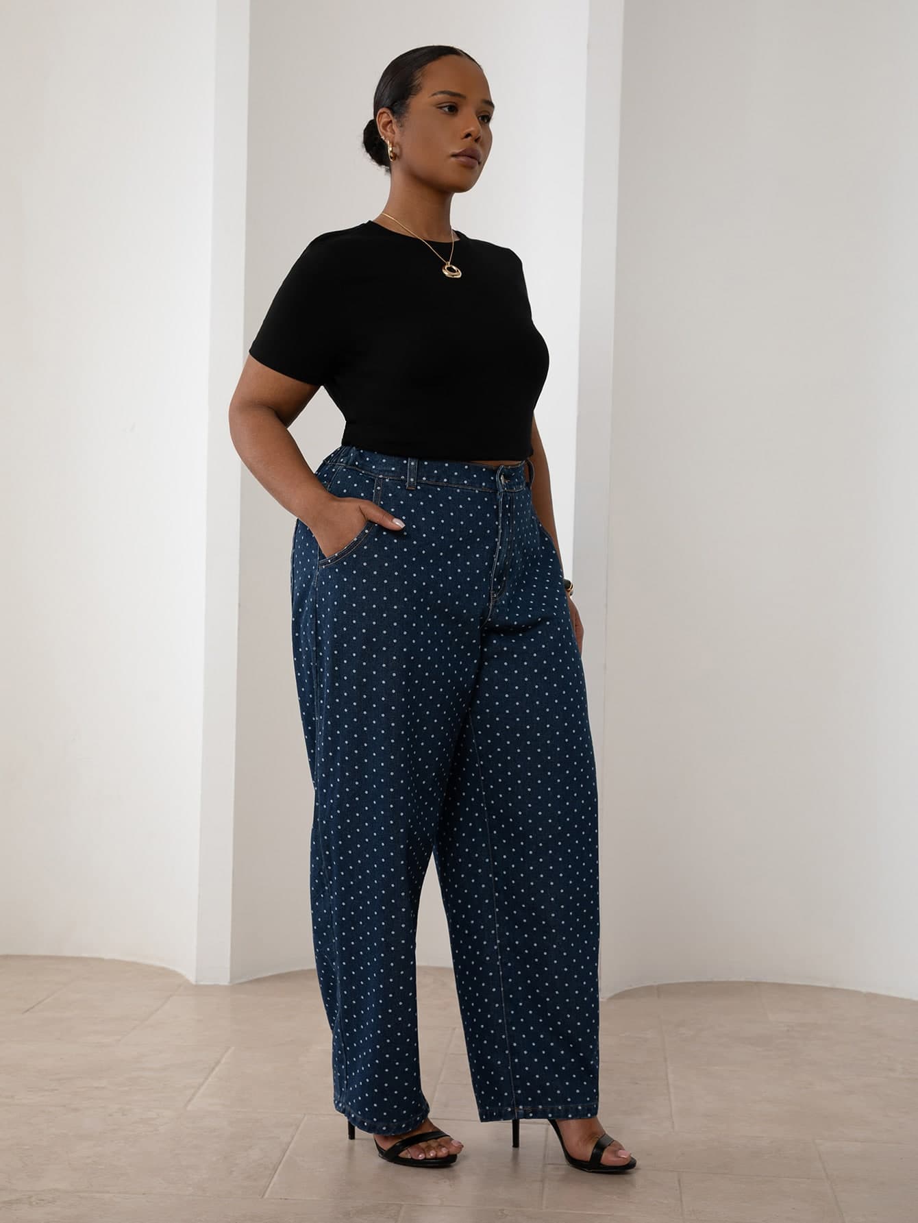 ELLERISSA Curve High Waist Polka Dot Tummy Control Wide Leg Jeans For Women,Navy Blue,Summer,Casual,Everyday Plus Size Abrasion Resistant Denim Pants