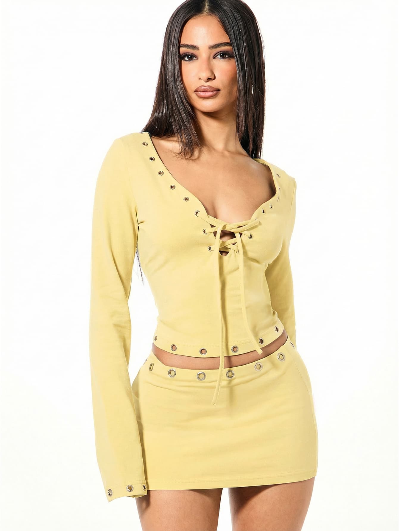 SUMWON WOMEN Long Sleeve Lace Up Eyelet Detail Top With Grommets Spring Summer Fashion
