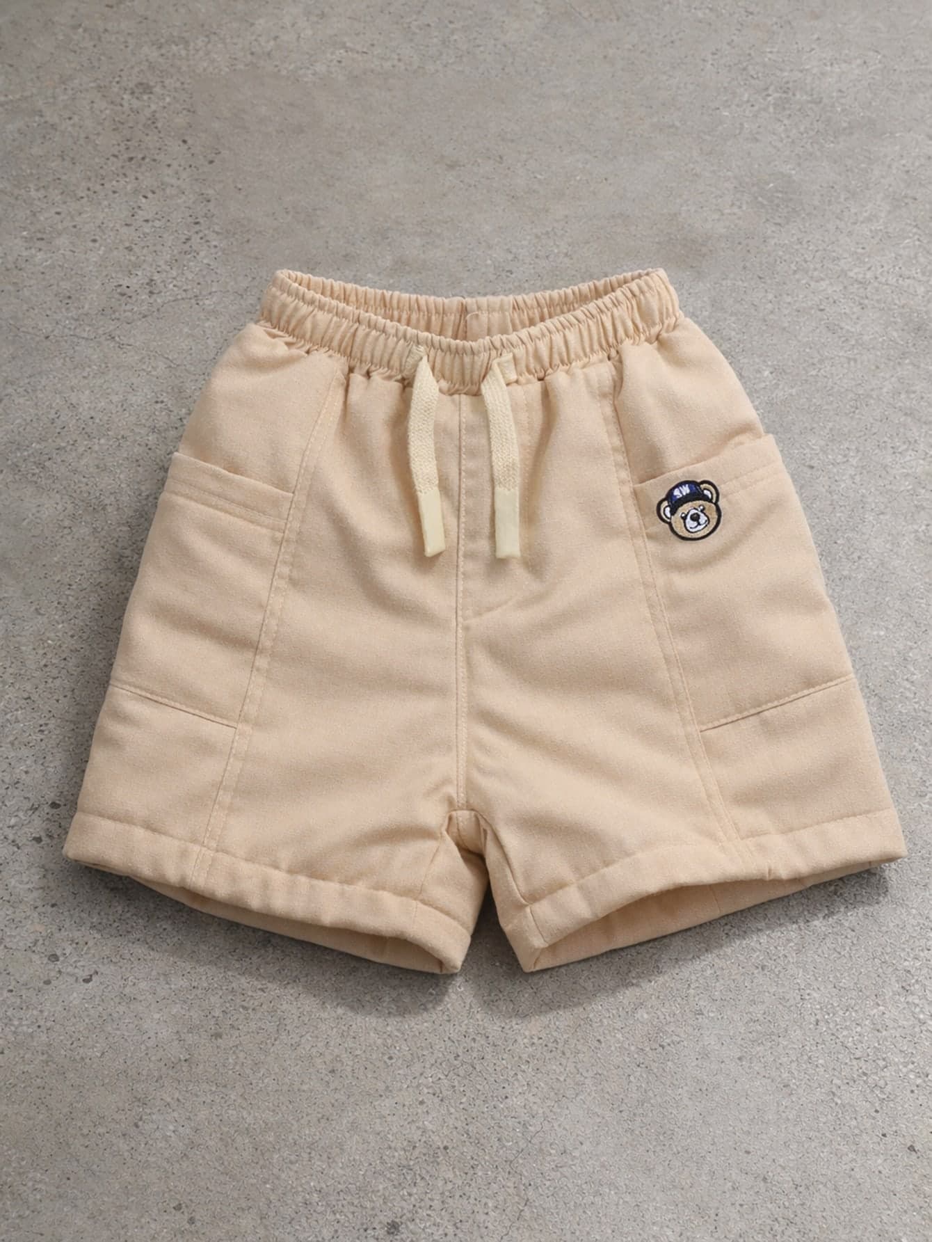 SUMWON Boys Linen Feel Cargo Shorts With Drawstring Waist Elastic Cuffed Hem Bear Embroidery Side Pockets Summer Casual Comfort Bottoms Relaxed Fit