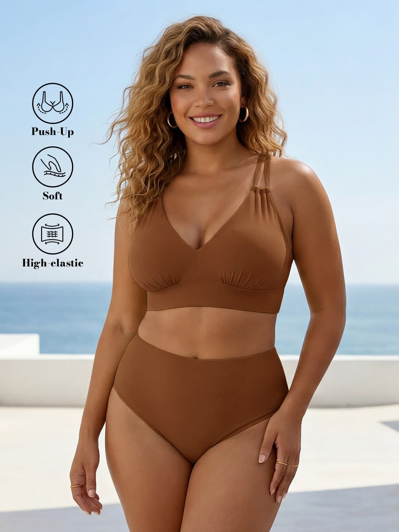 ELLERISSA Plus Size Chocolate Brown High Waist Cross Strap Back Bikini Set