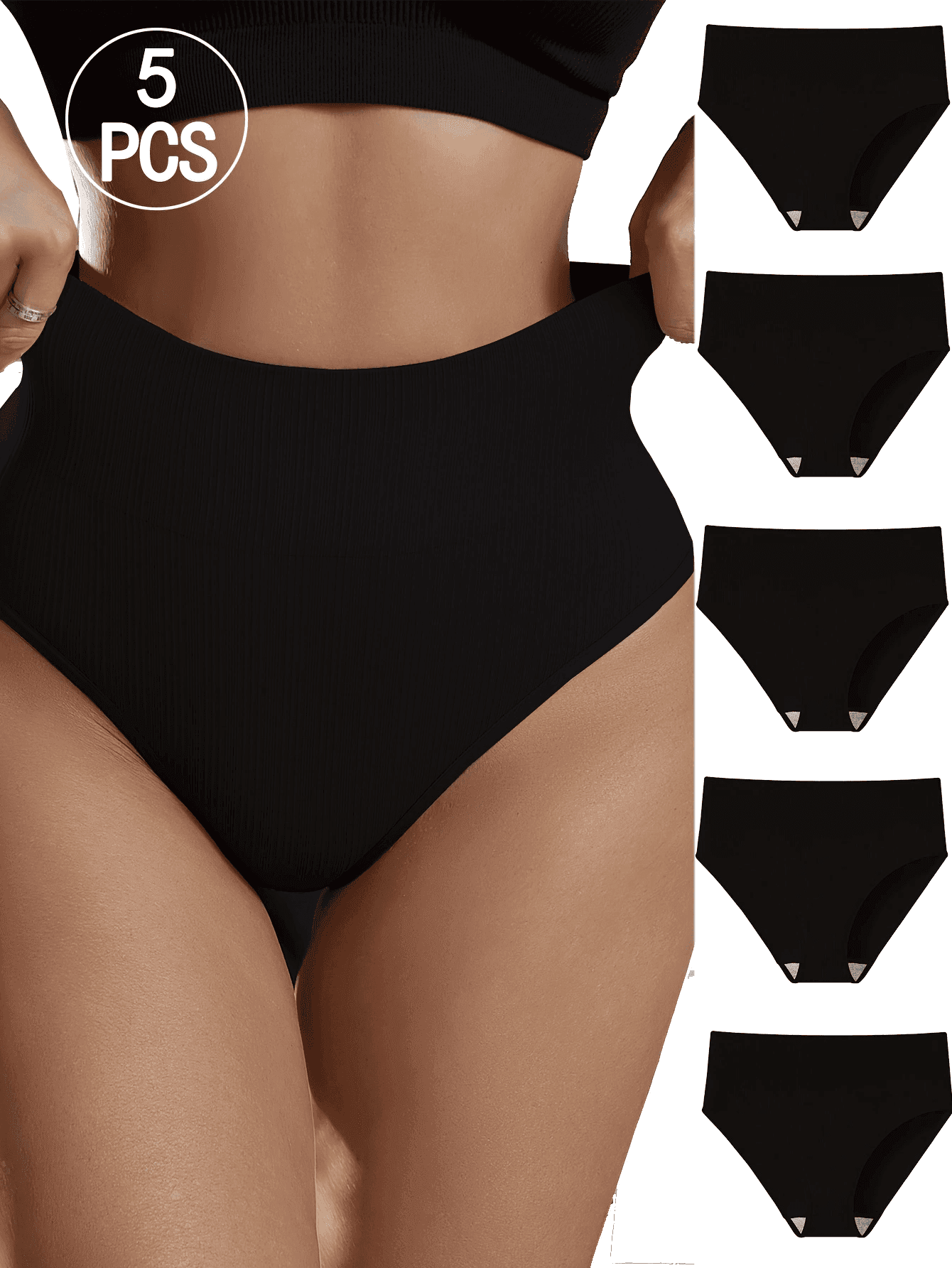 5PCS High Waist Tight Tummy Control Solid Color Seamless Triangle Panties, Minimalist Fashion, Suitable For Daily Wear Or Sports
