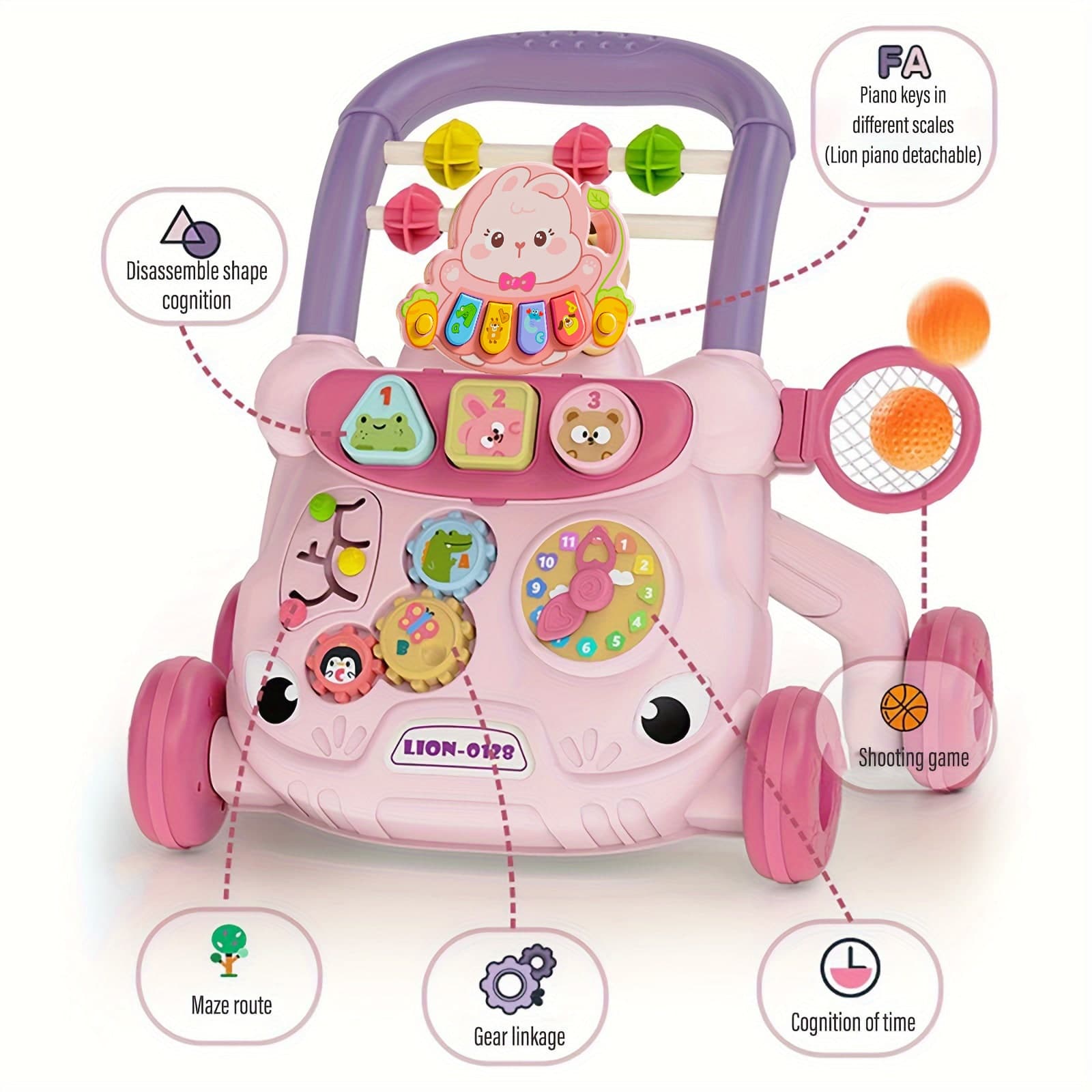 1 Box Baby Walker With Music Box, Infant Push Along Toy With Water Cup, 18m+ Baby Boy Girl Walking Assistant With Educational Play Panel, Push Pull Walker, Suitable For Gift And Home Toy, Requires 2 X 1.7V AAA Batteries (Not Included)