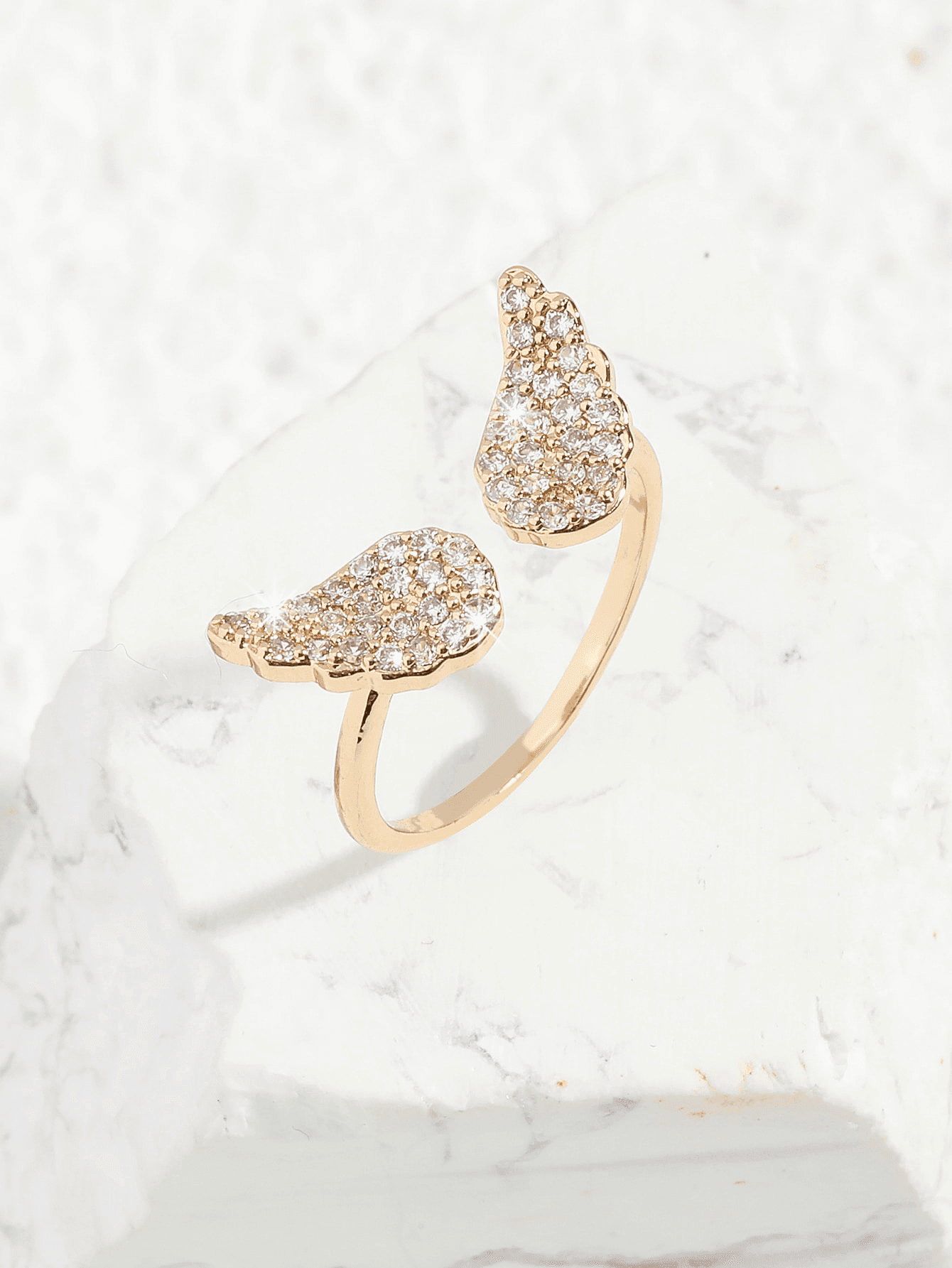 1pc Angel Wing Cubic Zirconia Encrusted Open Ring, Fashion Jewelry For Women