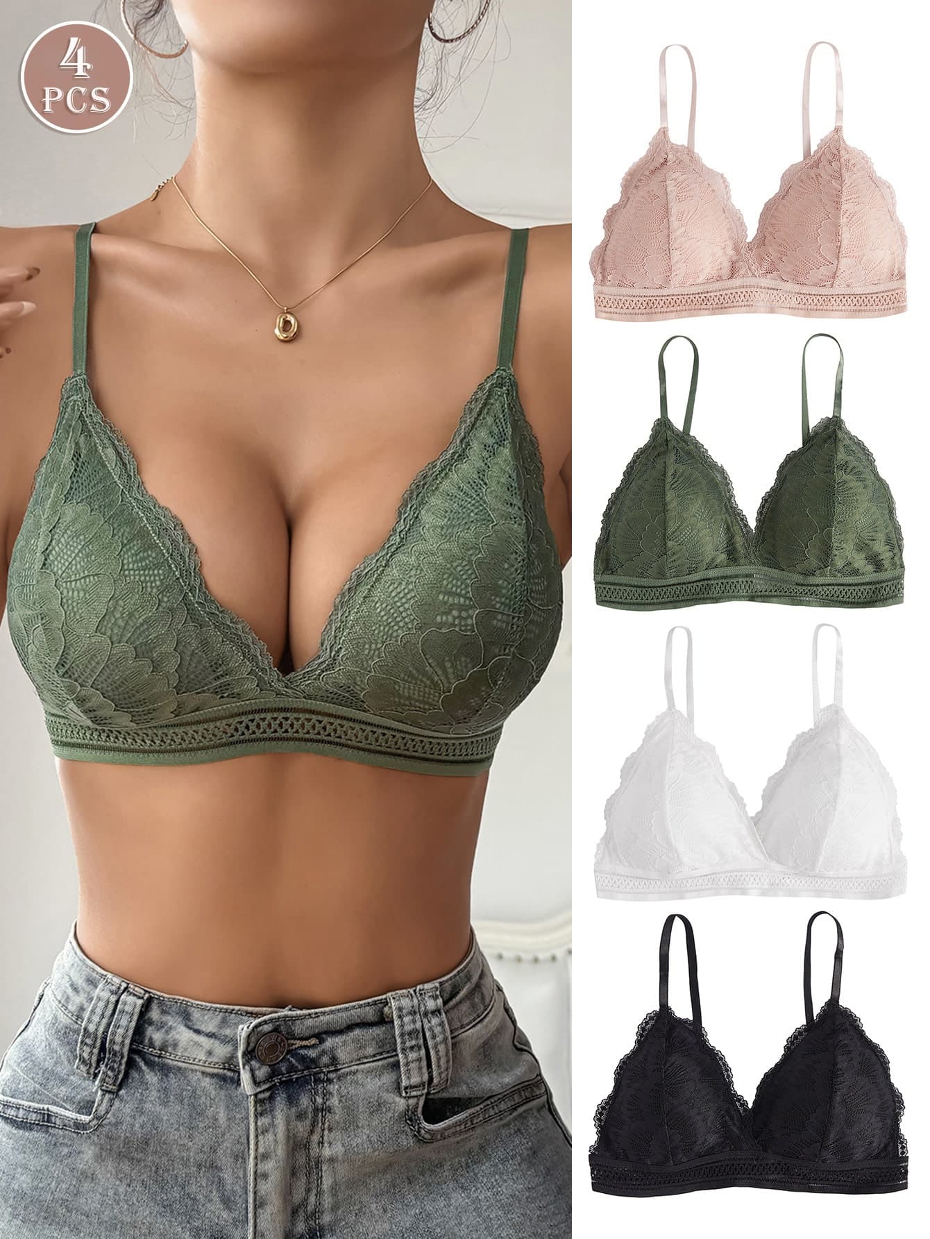 4PCS Wireless Lace Scalloped Bra Underwear Lingerie Bra