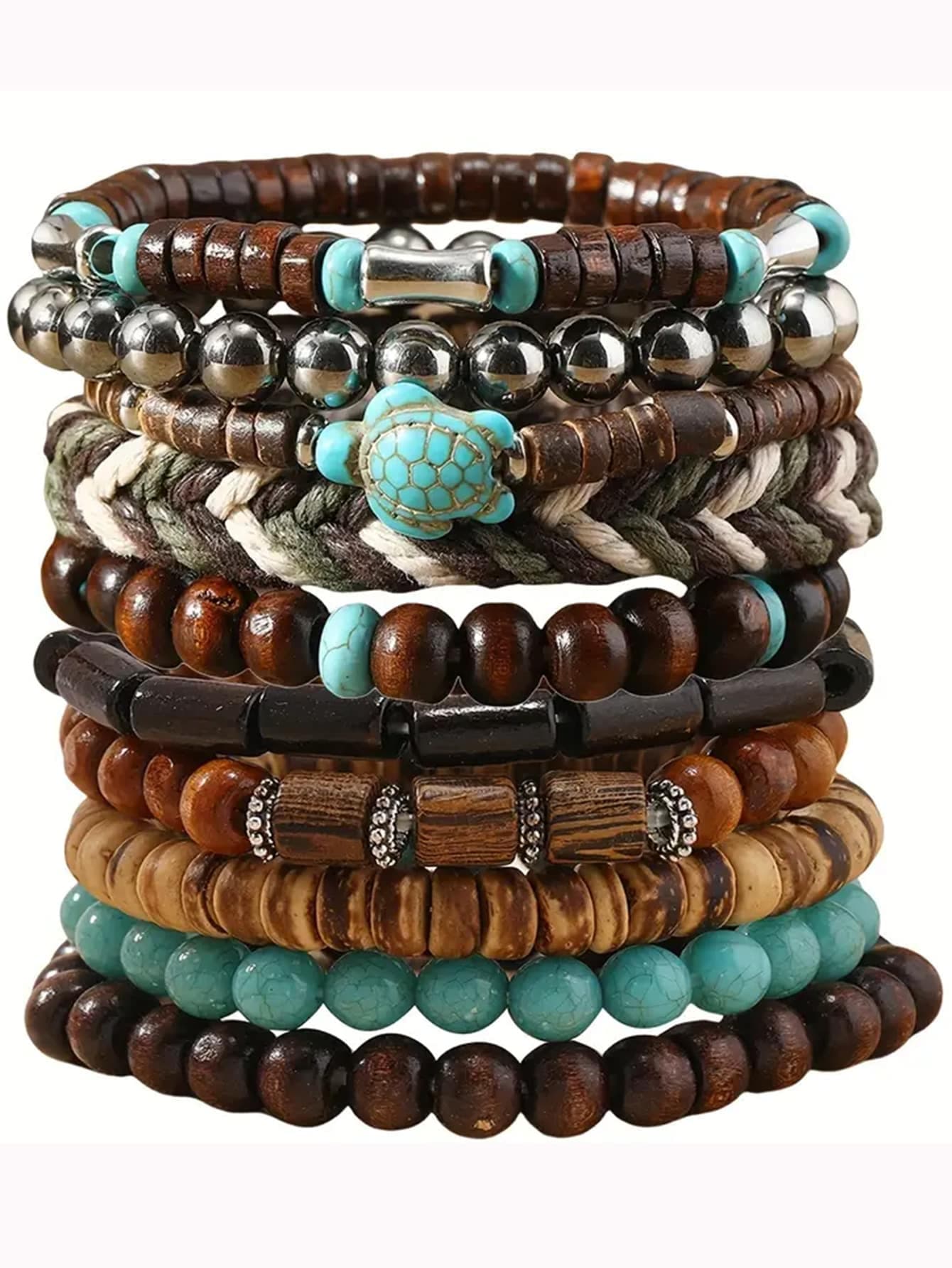 10pcs Handmade Stretchy Beaded Bracelets Stackable Boho Jewelry With Turtle Charm Adjustable Perfect Unisex Festival Party Gifts