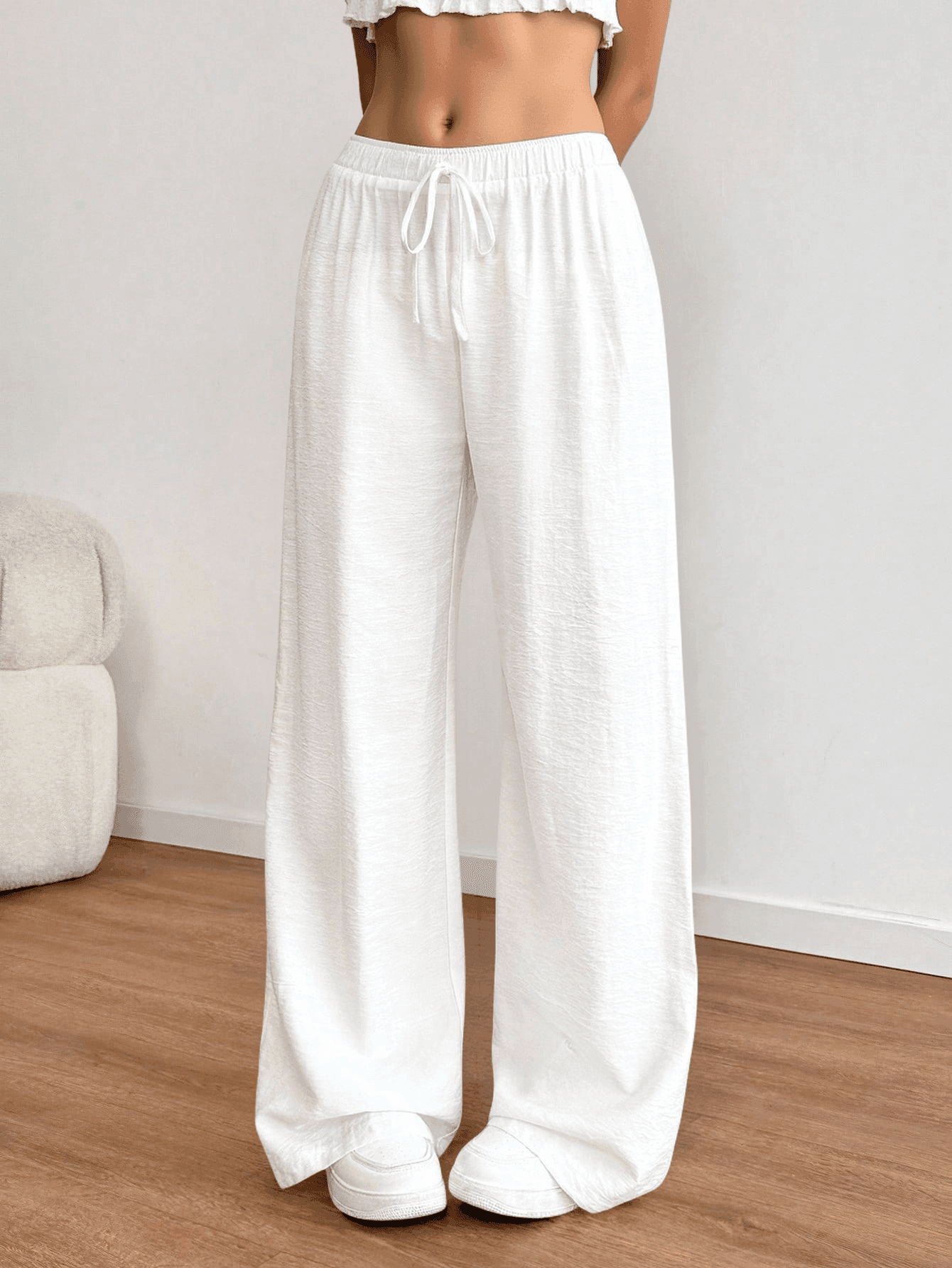 Women's Summer Simple Bohemian Vacation Clothing Casual Basic Daily Wear Linen Comfortable Low Waist Loose Pants Women's Summer Clothing White