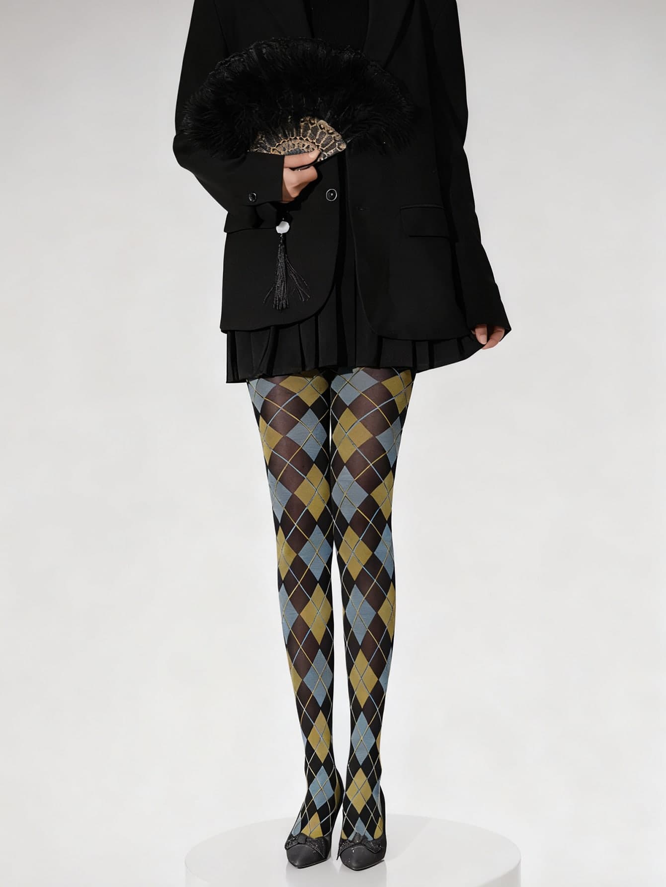 Plaid Floral Striped Blue & Green Velvet Tights, Diamond Pattern Nylon Cartoon Plaid Tights, High Stretch Breathable Comfortable Slimming Yoga Tights For Women, Cozy
