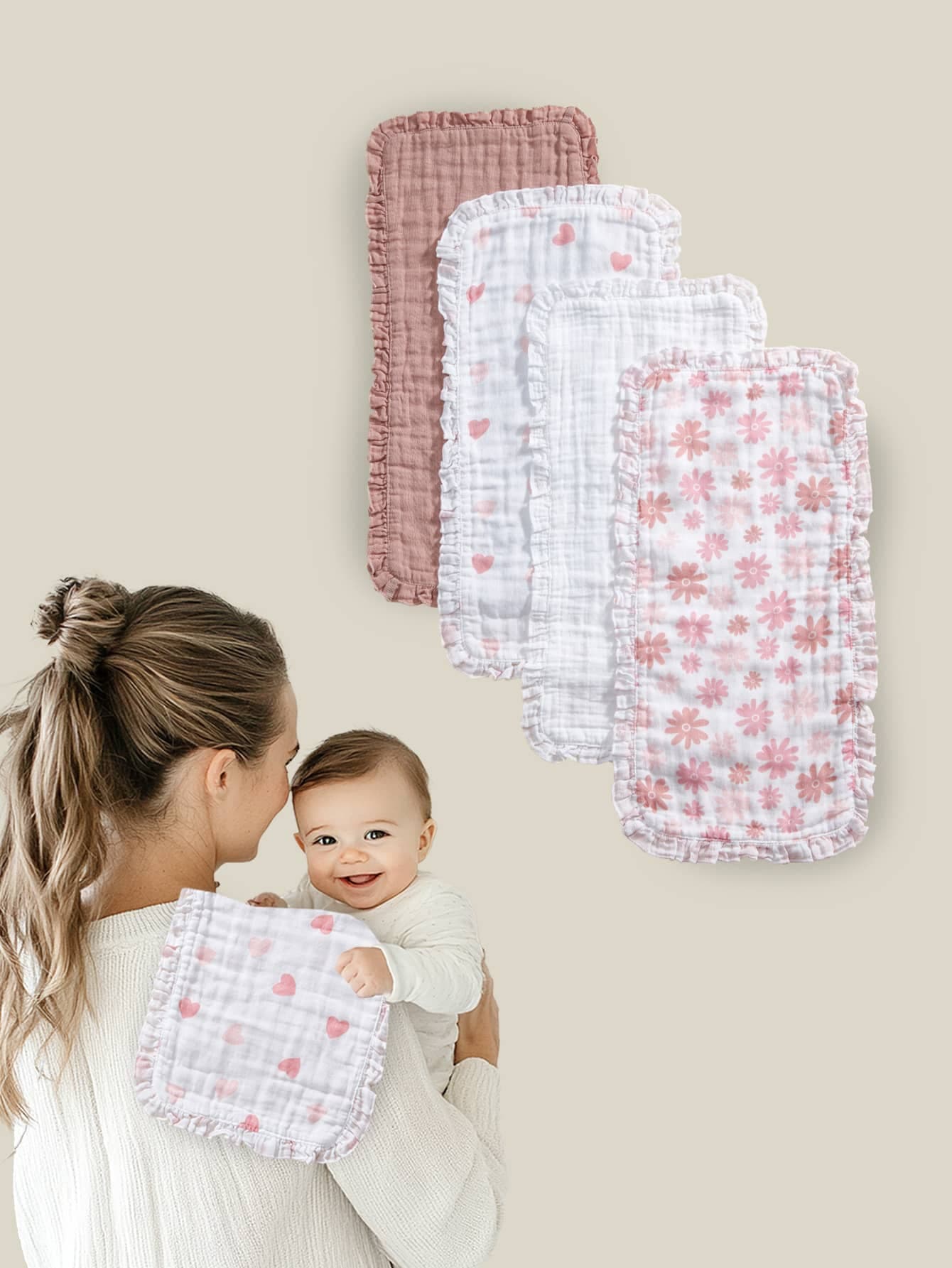 2pcs Soft Lightweight Comfortable Heart & Floral Pattern Bibs, Lace Trim Burp Cloths, Suitable For All Seasons, Newborn Baby Care, Oeko-Tex Certified