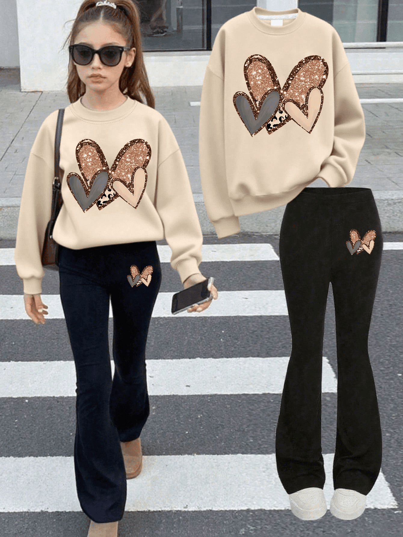 2pcs/Set Girls Heart Element Outfit, Comfortable Fabric, Suitable For Spring/Autumn Street Activities And Daily Wear, Teenage Clothing