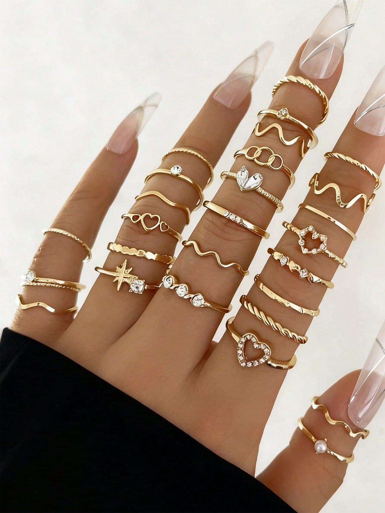 28pcs Minimalist Rhinestone Heart & Wave Multi-Joint Stackable Rings Set, 28pcs Gold Geometric Ring Set