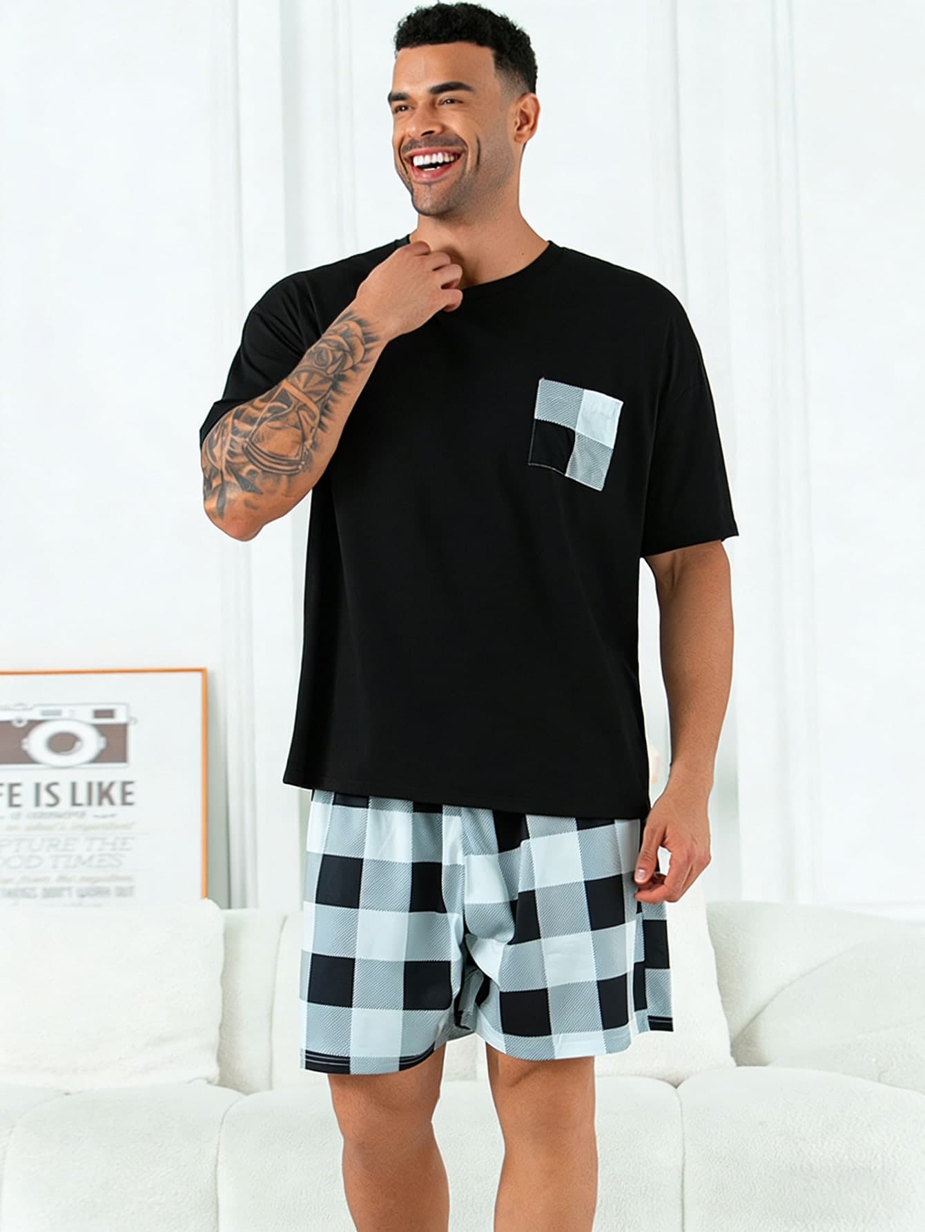 2pcs/Set Plus Size Men's Casual Loose Plaid Short Sleeve T-Shirt And Shorts Pajama Set, Suitable For Spring/Summer