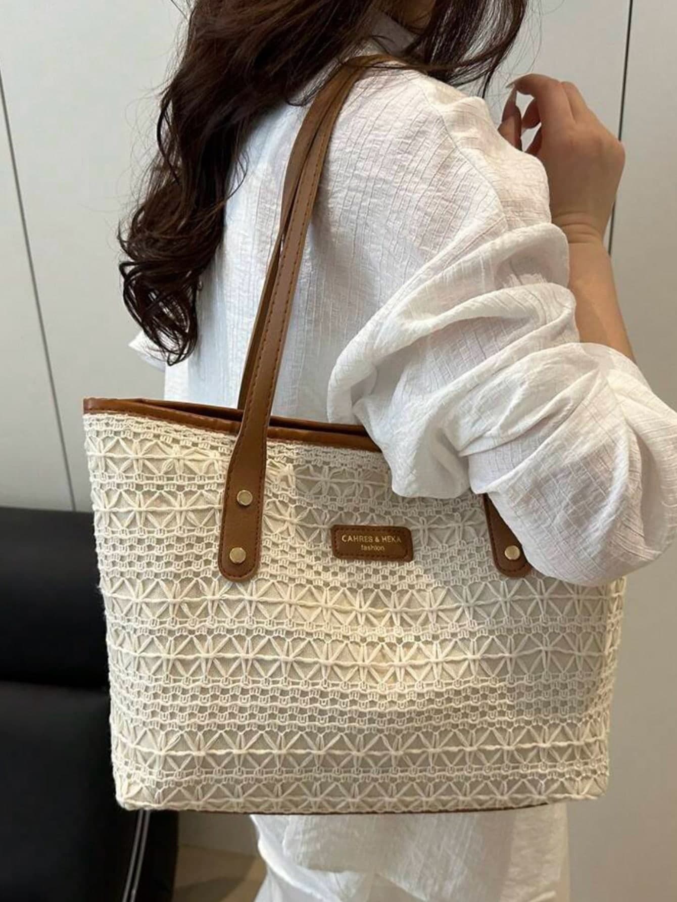 European And American Cross-Border Personalized College Style Large Capacity Commuter Straw Bag, Women Summer New Fashion Contrast Color Underarm Bag, Popular Beach Tote Casual Shopping Bag ,Beach Bag