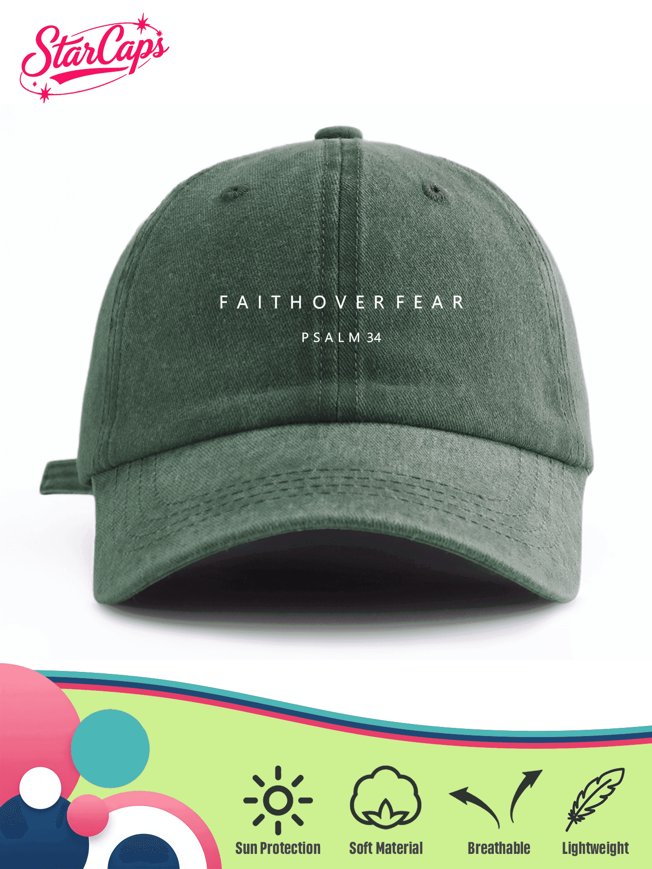 1pc Unisex Vintage Washed Baseball Cap - "Faith Conquers Fear" Psalm 34 Graphic - Available In Neutral Colors (Black, Navy, Khaki, Dark Green, Coffee) And Vibrant Colors (Burgundy, Light Pink, Orange) - Soft Adjustable Dad Hat, Christian Religious Gift