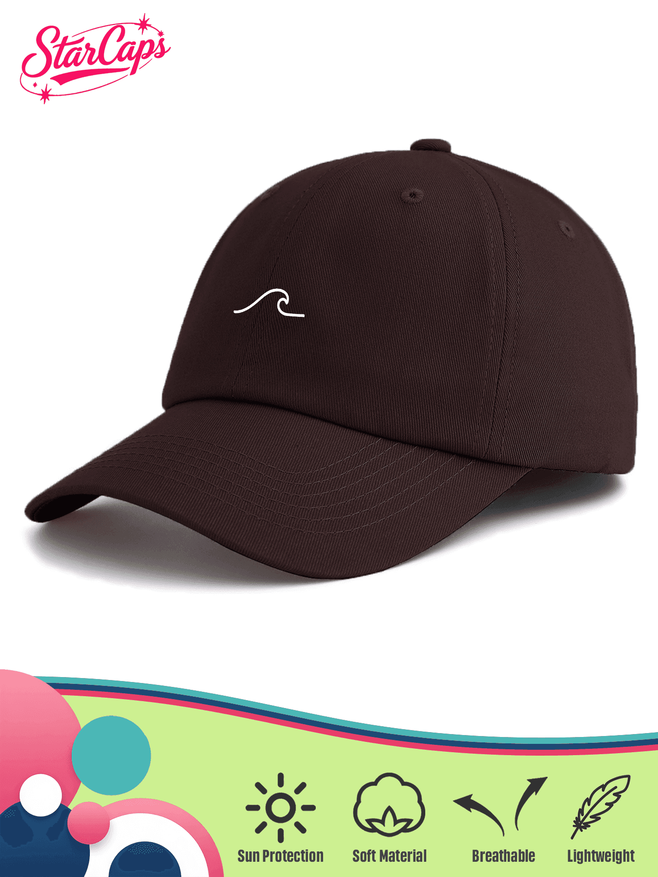 1pc Unisex Classic Baseball Cap - Minimalist Wave Line Art Design - Coffee Color Option - Soft Adjustable Dad Hat Suitable For Surfers, Beach Lovers And Outdoor Gifts