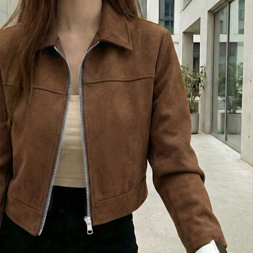 Women's Spring/Autumn Solid Color Faux Suede Lapel Zip-Up Jacket, Long Sleeve Casual College Airport Style Outerwear