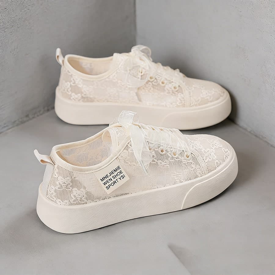 Women's Lace Mesh Platform Sneakers, Hollow Floral Lace-Up Casual Shoes, Lightweight Thick-Soled White Mesh Training Shoes, Non-Slip And Durable, Summer Women Shoes, Office Shoes, Work Shoes, Comfortable For Daily, Work And Workout