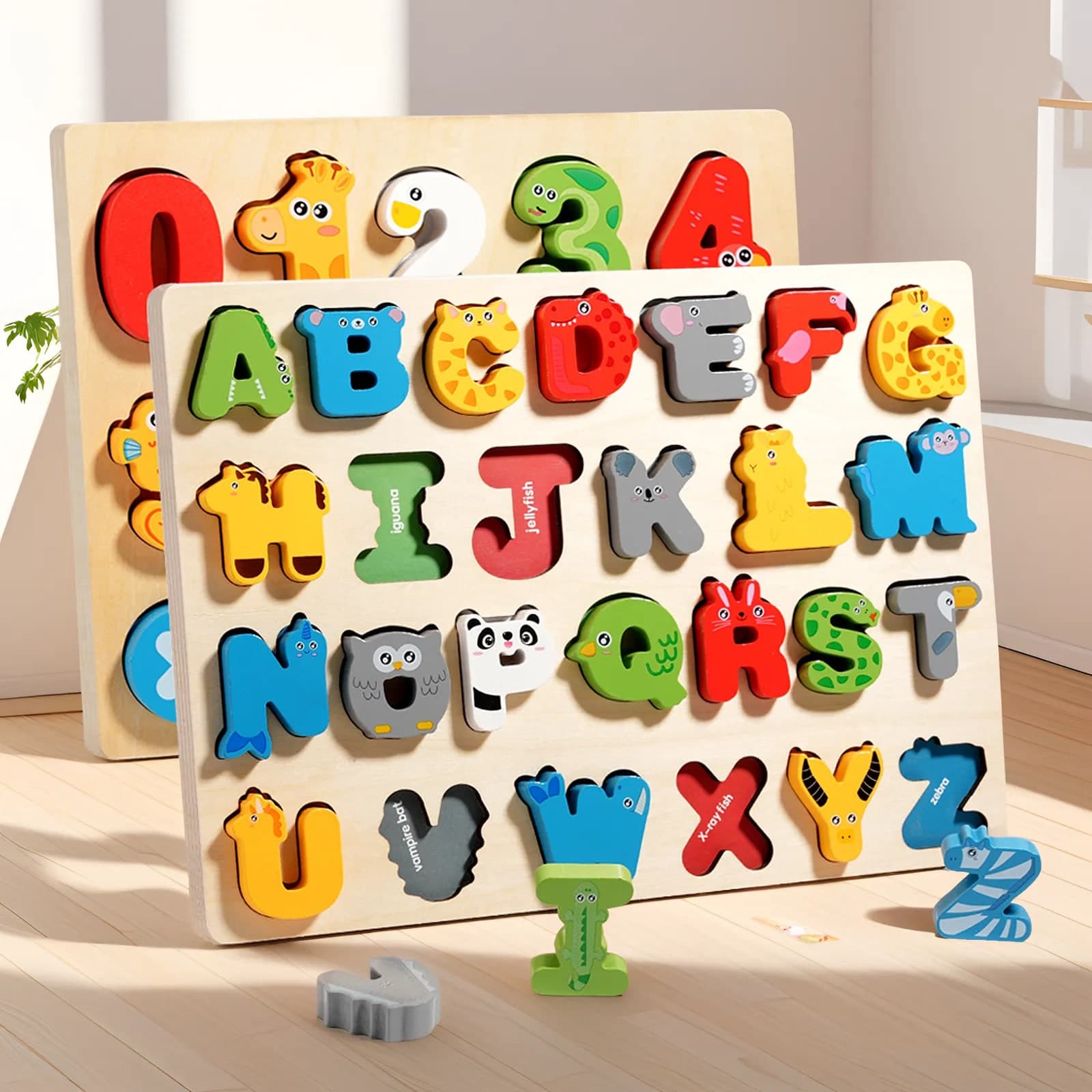 Large Alphabet Board A-Z Letter Puzzle, Small Number Matching Puzzle, Preschool Educational Alphabet & Number Recognition Puzzle Board Game, Wooden Toy, Holiday Gift