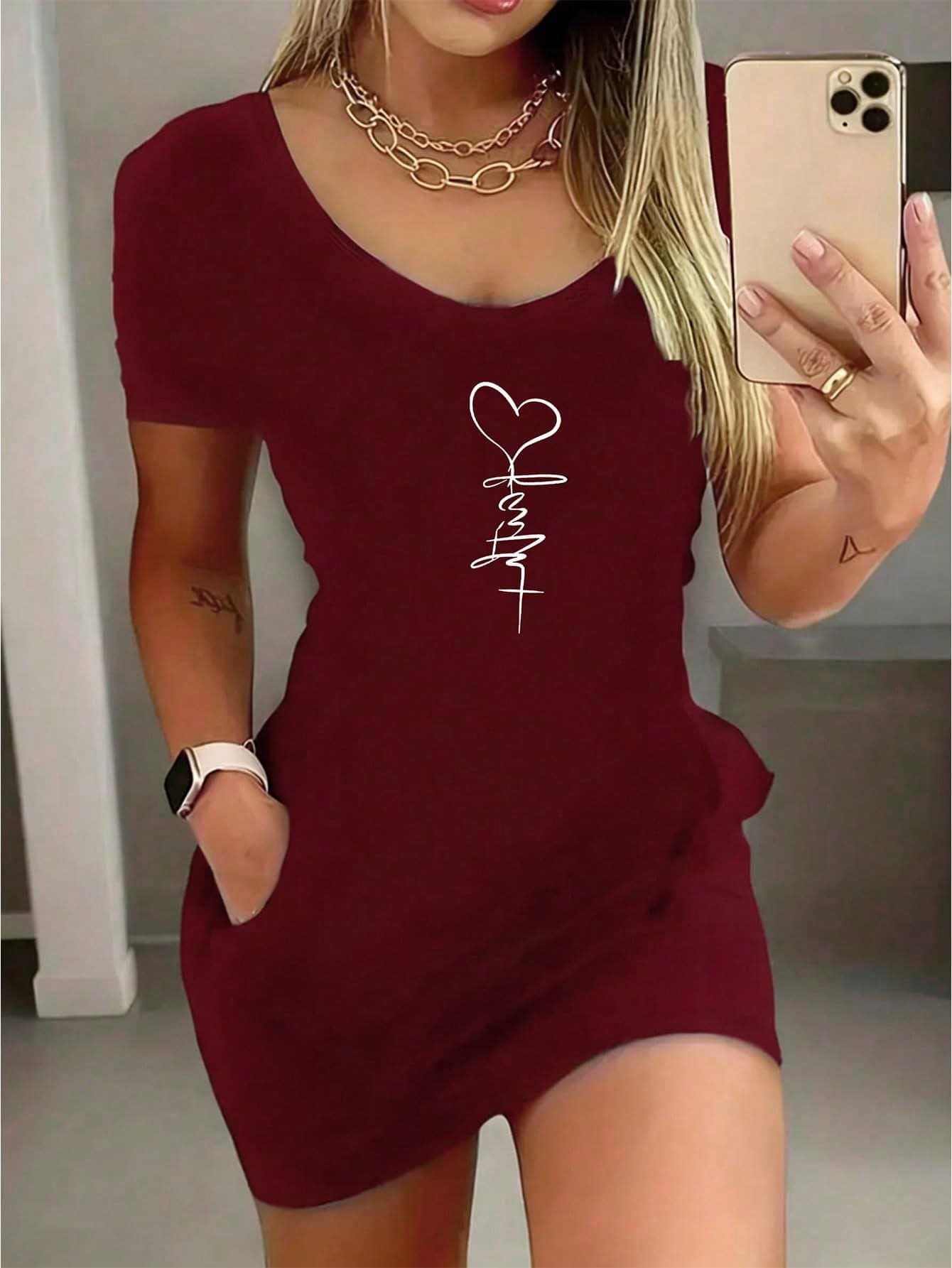 Women's Sexy Heart Pattern Short Sleeve Mini Skirt Set, Suitable For Summer Wear Party Elegant Red