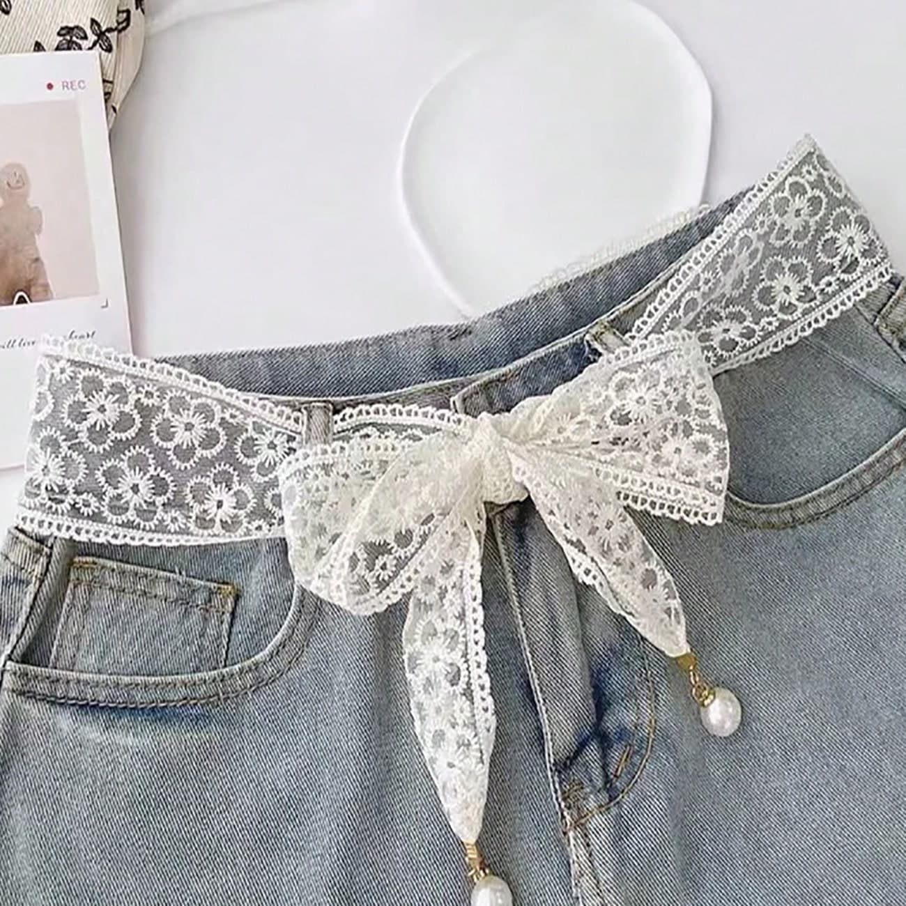 1pc Lace Embroidered Waist Rope, Fashion Pearl Decor Adjustable Waist Belt, Women's Elegant Hair Tie & Bag Accessory, Suitable For Daily Use