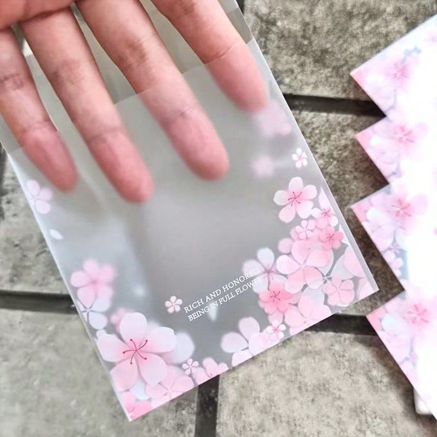 50/100/200pcs Decorative Gift Bags, Featuring Glossy Sakura Floral Pattern In Pink, Self-Adhesive Packaging Bags, Ideal For Wedding, Birthday And Holiday Gift Wrapping