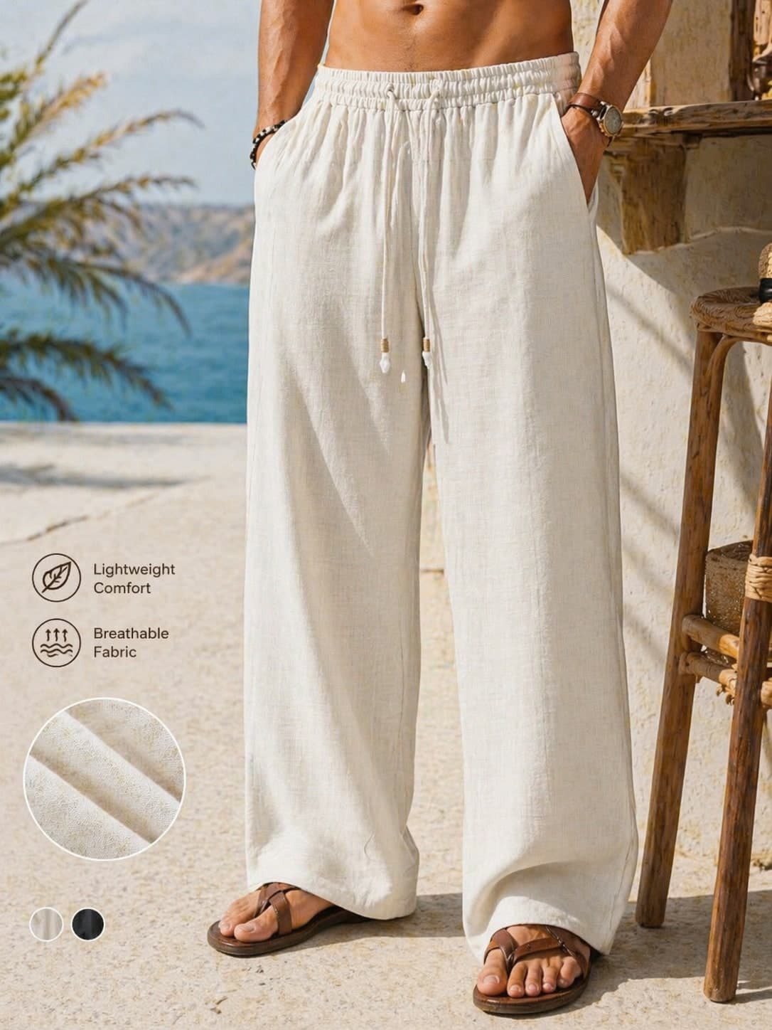 1pc Men's Apricot Linen-Feel Drawstring Straight Leg Pants, Soft & Comfortable Linen-Like Fabric, Casual Vacation & Daily Commute, Old Money Style
