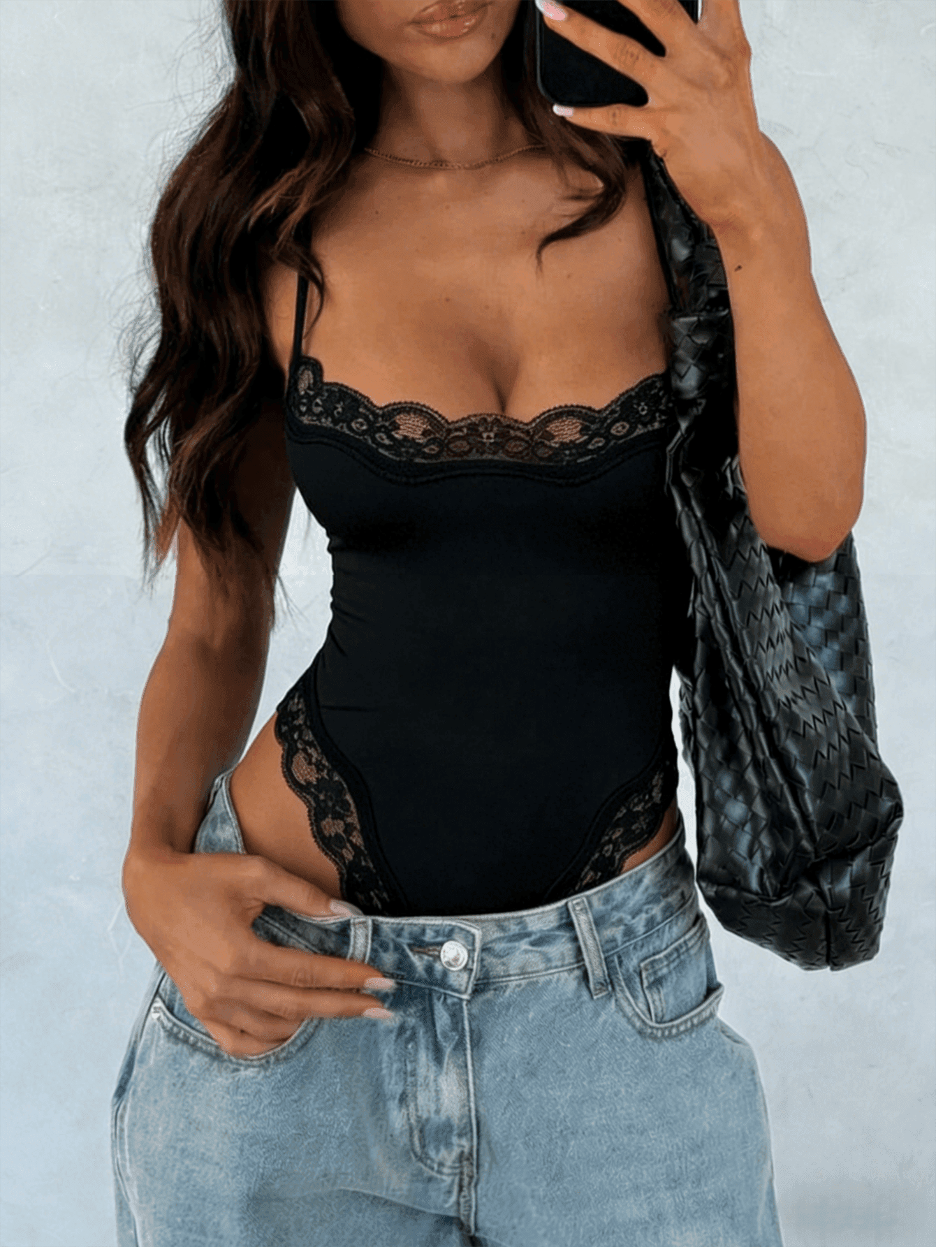 Women's Summer Casual Solid Color Lace Trim Bodysuit Black