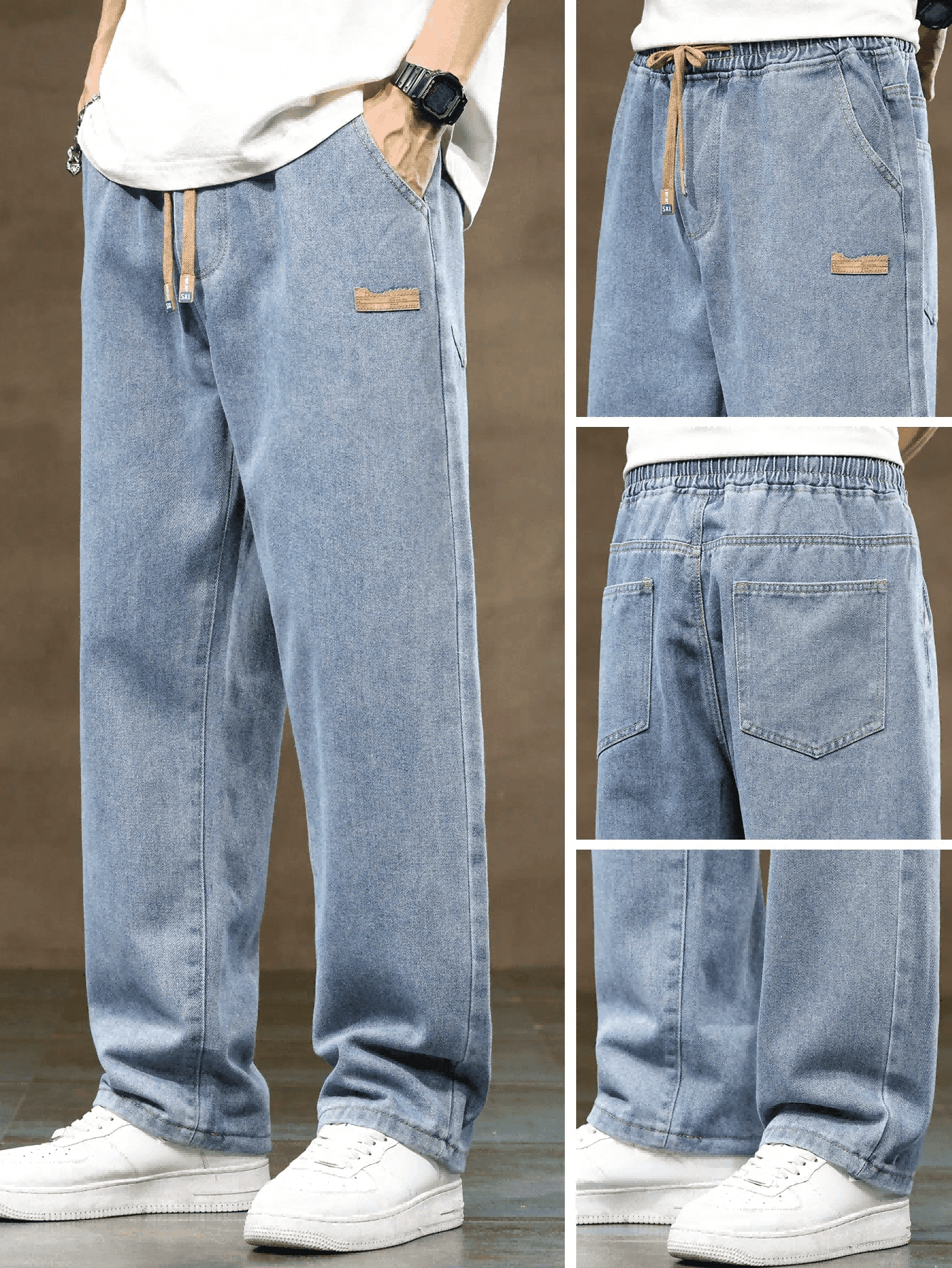 Men's Multi-Pocket Drawstring Elastic Waist Washed Casual Jeans, Men Baggy Jeans